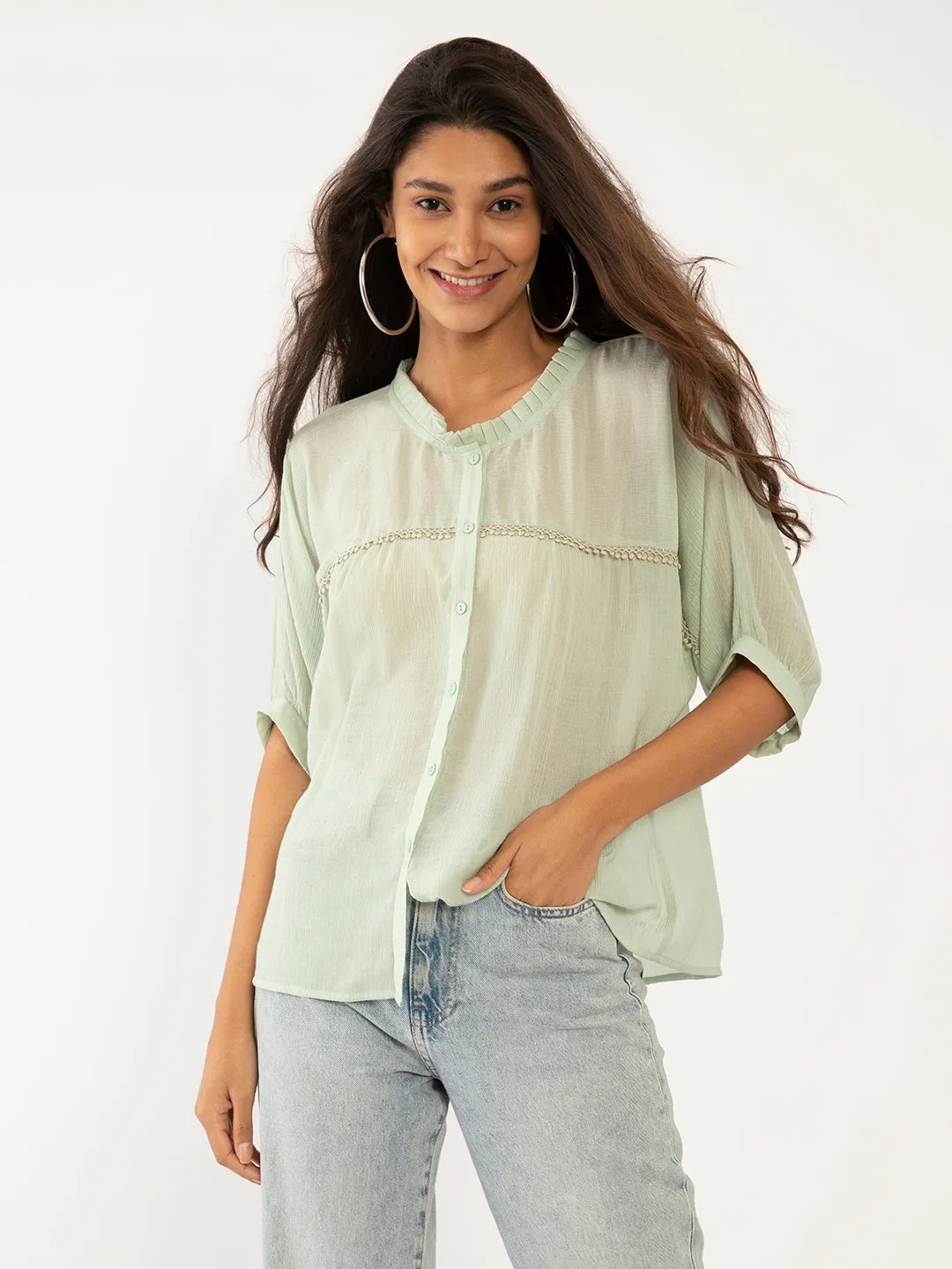 Green Solid Lace Top