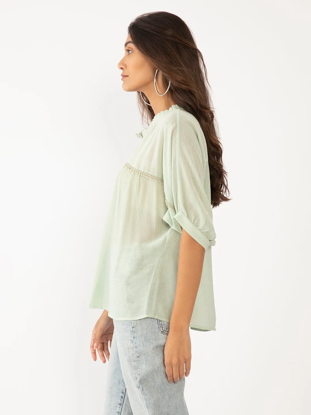 Green Solid Lace Top