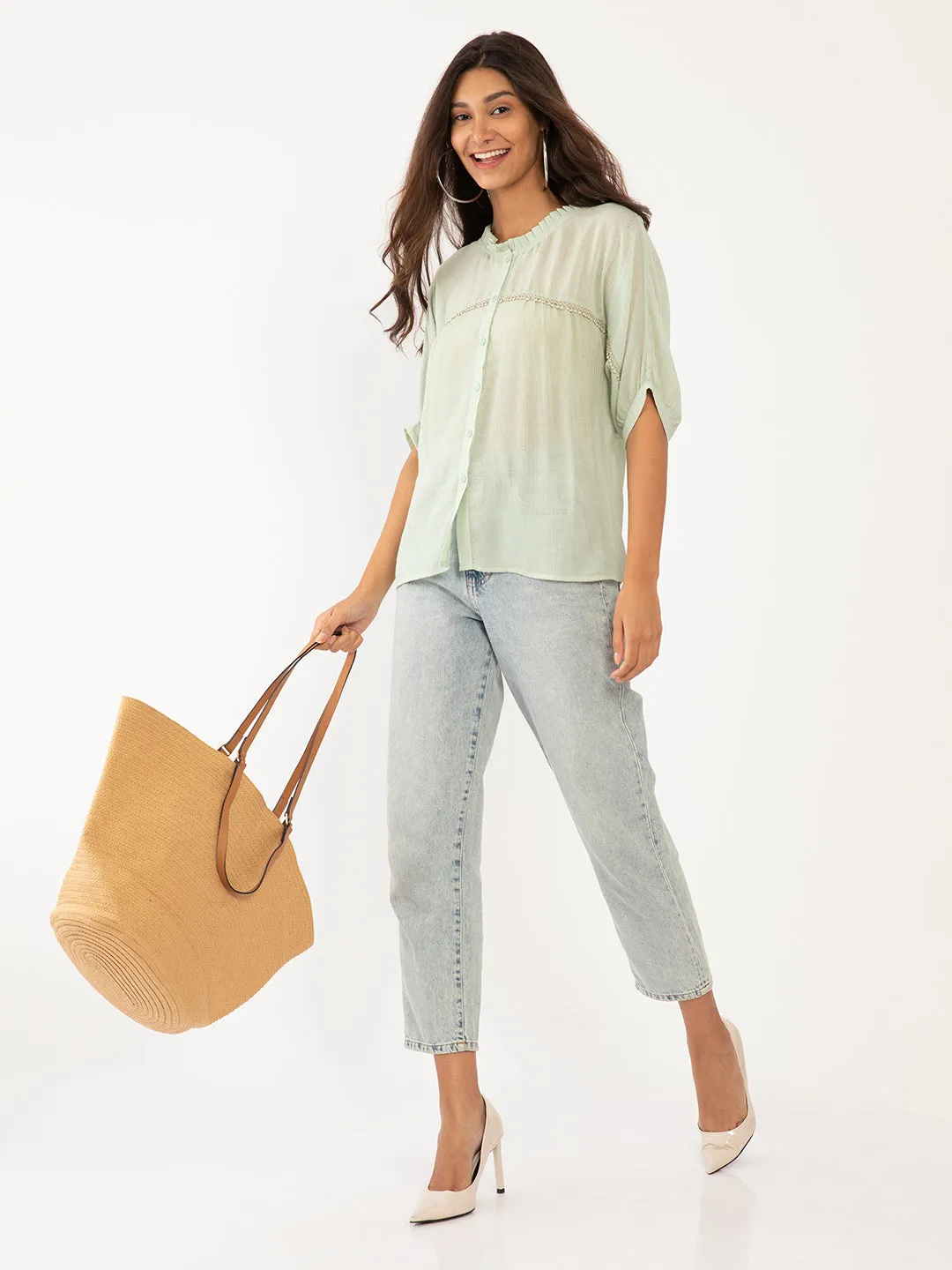 Green Solid Lace Top