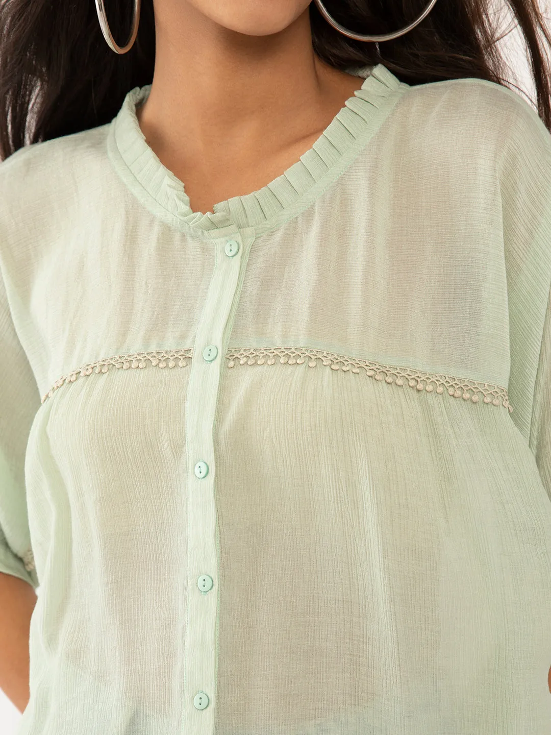 Green Solid Lace Top