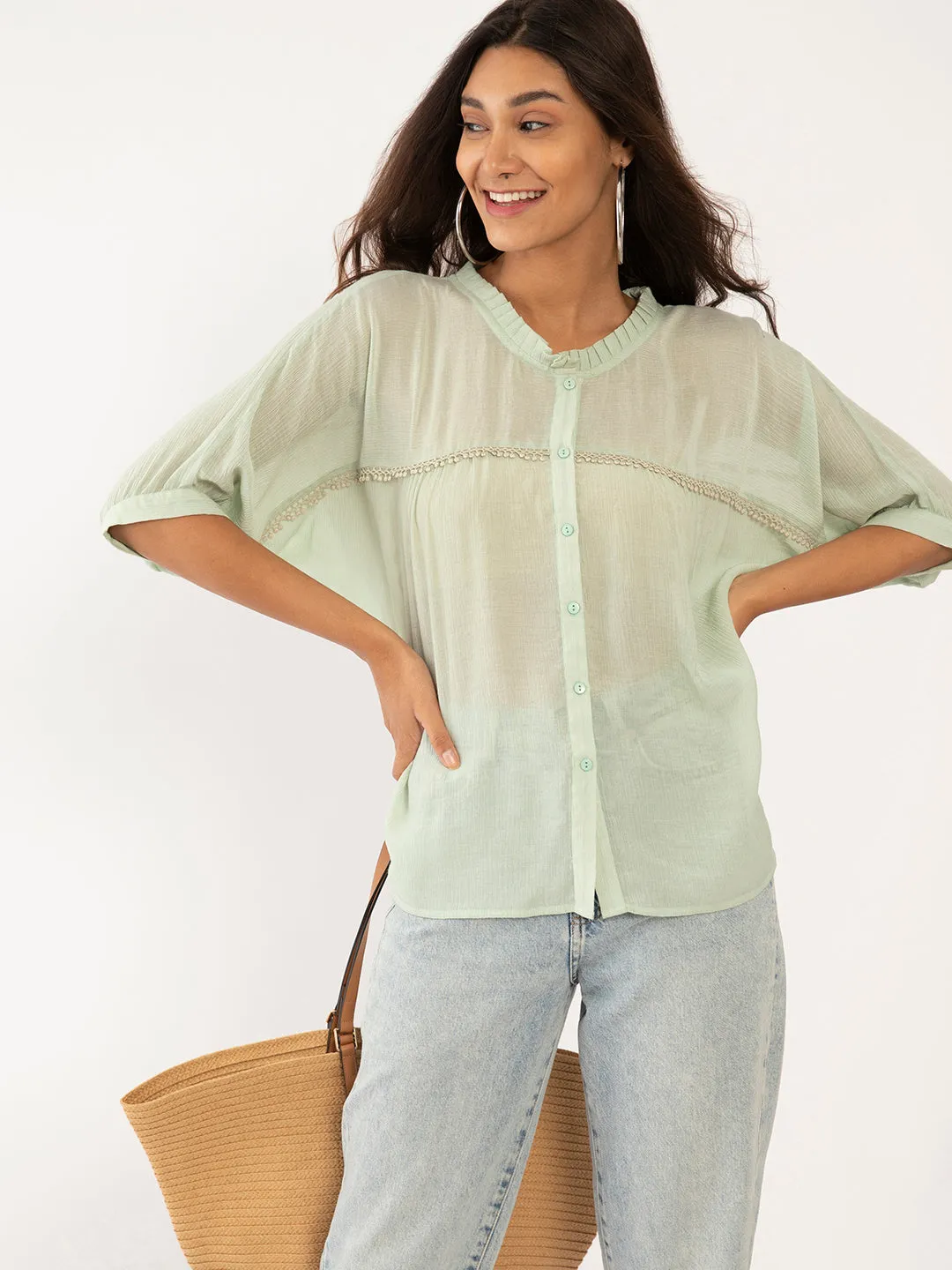 Green Solid Lace Top