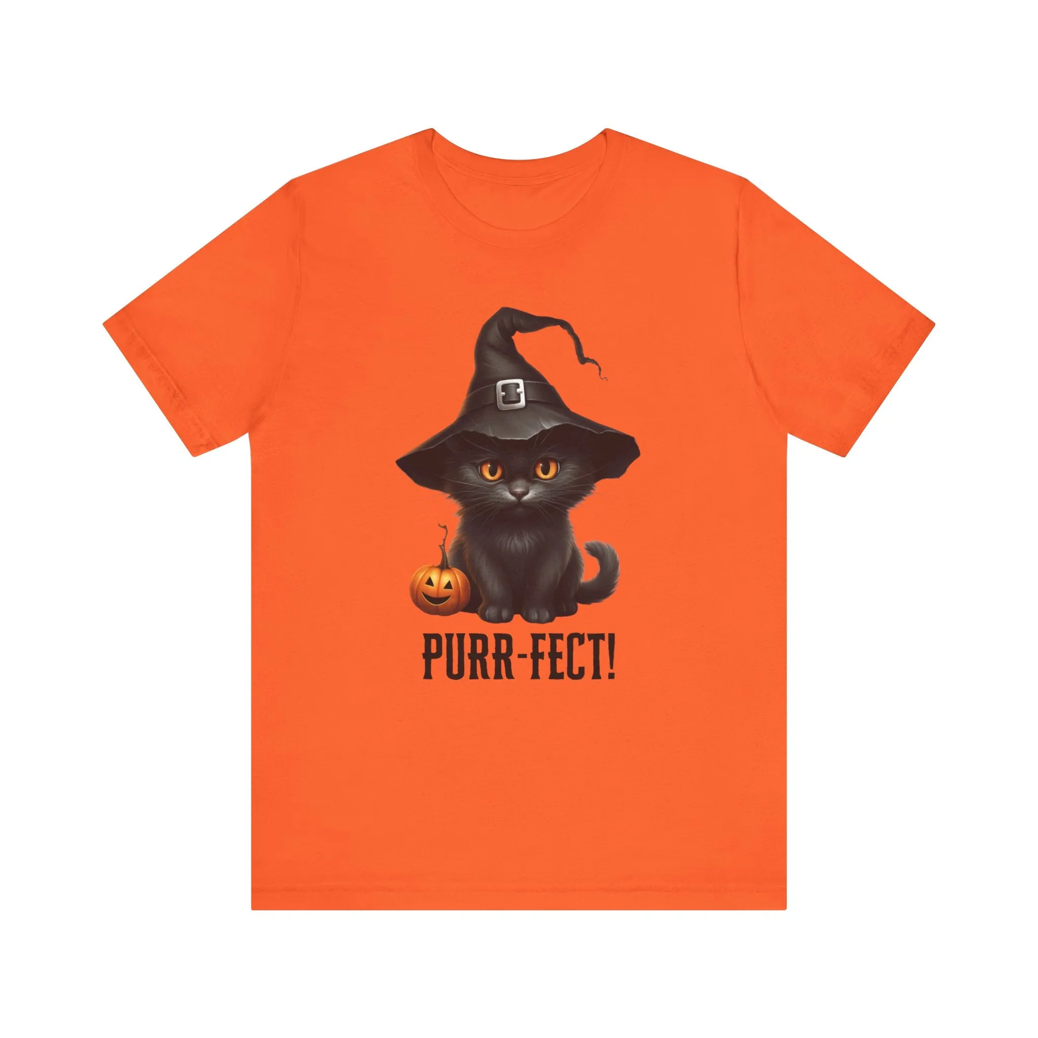 Halloween Purr-Fect Black Cat T-Shirt | Cat with Witch's Hat Tee |  Bella Canvas 3001Unisex | Funny Short Sleeve Tshirt