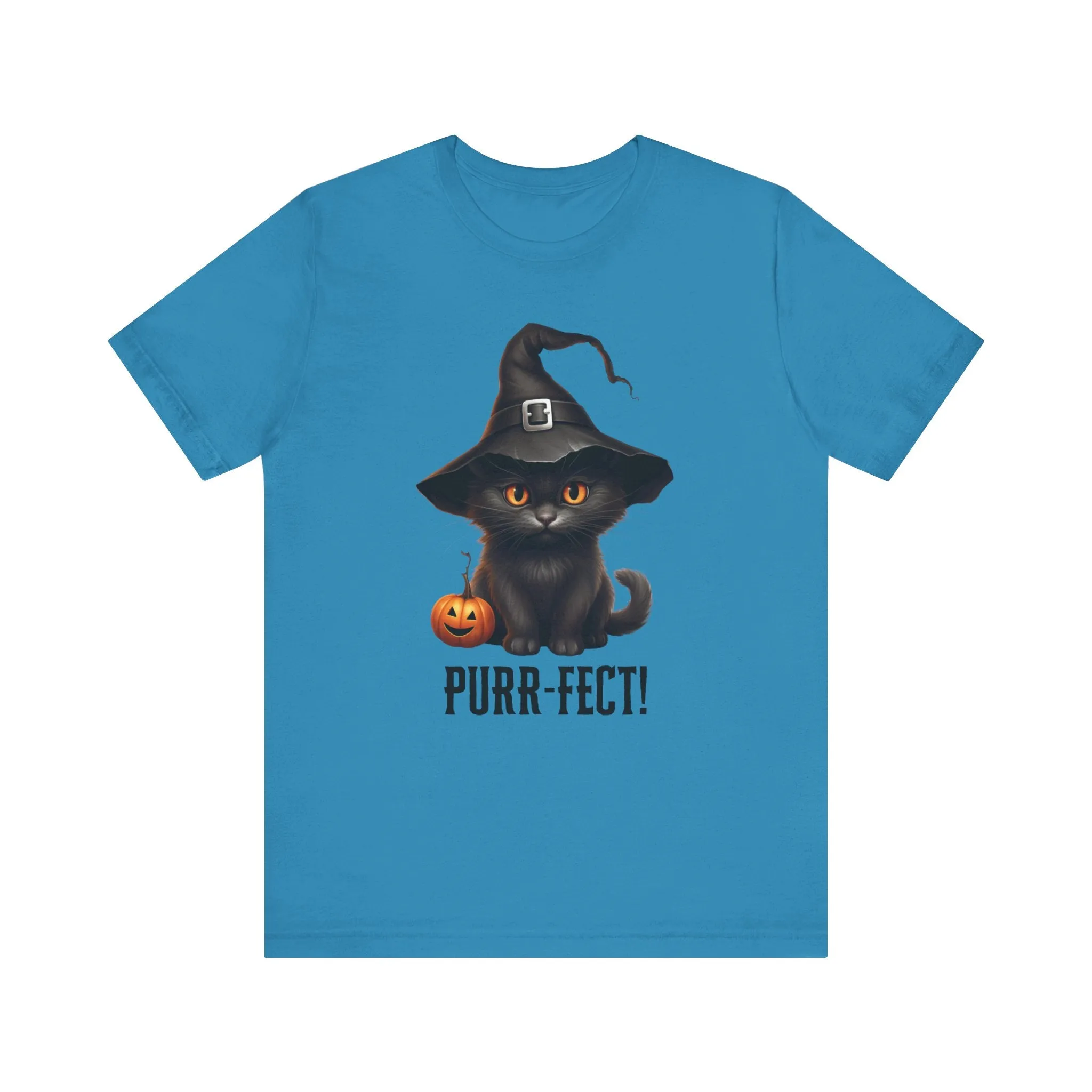 Halloween Purr-Fect Black Cat T-Shirt | Cat with Witch's Hat Tee |  Bella Canvas 3001Unisex | Funny Short Sleeve Tshirt