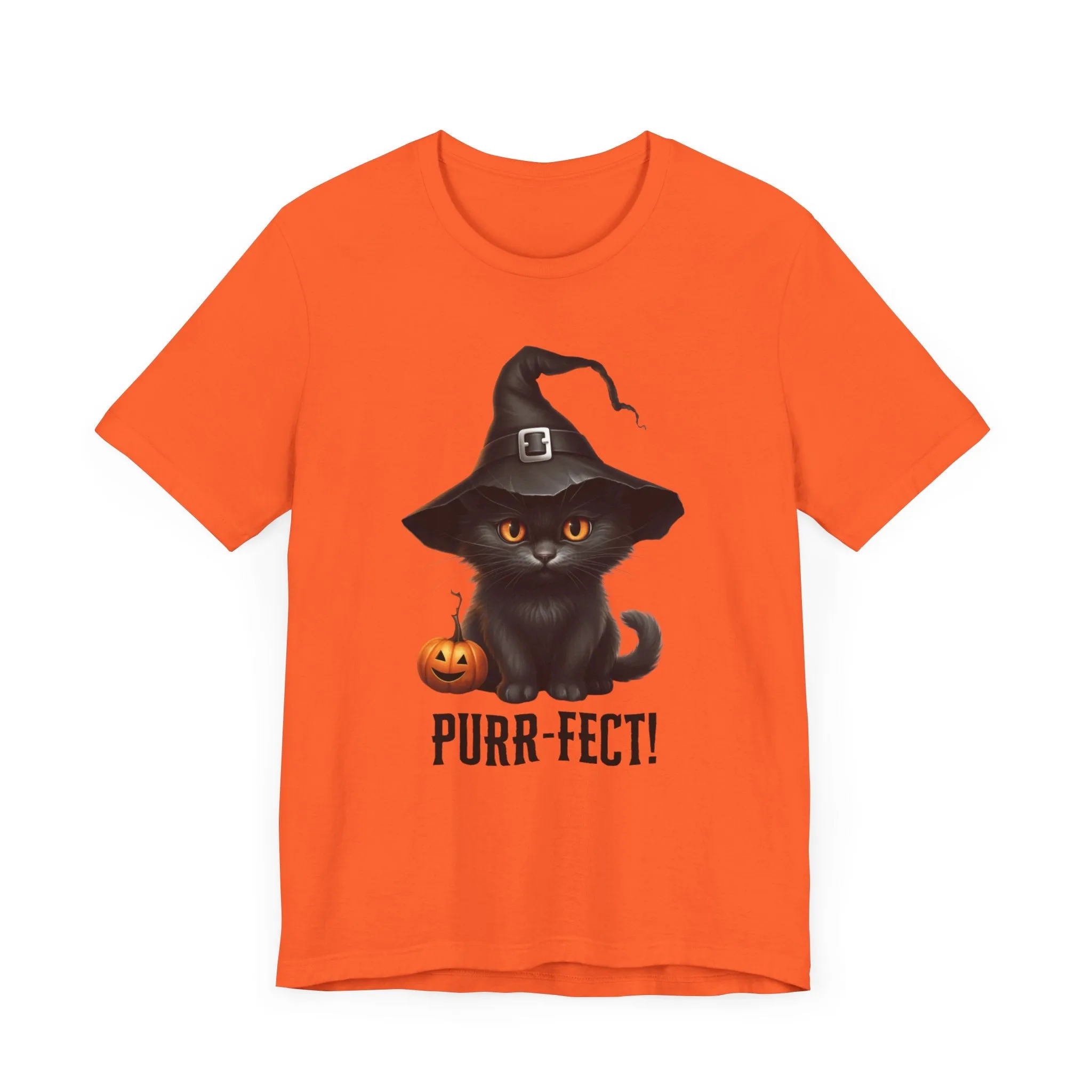 Halloween Purr-Fect Black Cat T-Shirt | Cat with Witch's Hat Tee |  Bella Canvas 3001Unisex | Funny Short Sleeve Tshirt
