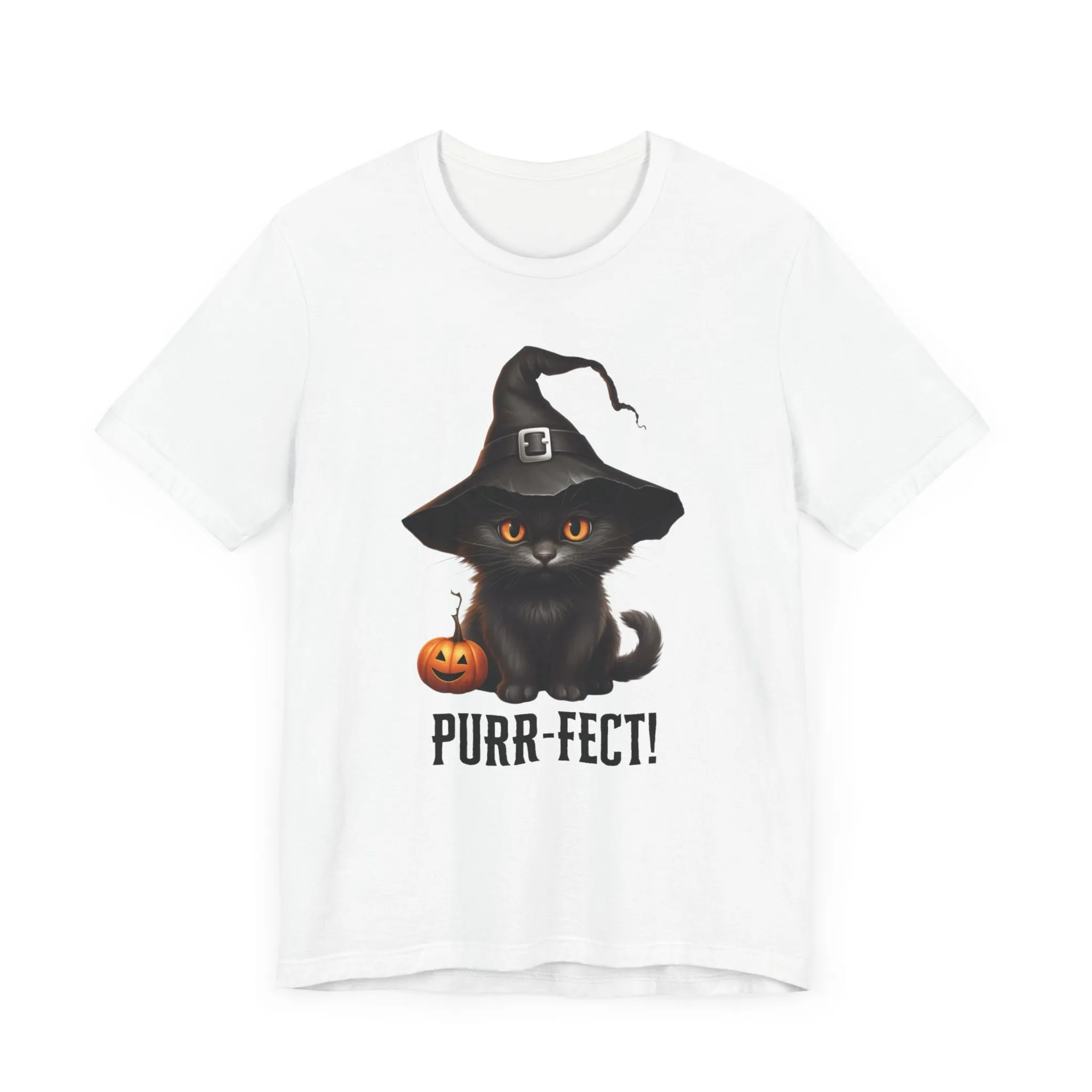 Halloween Purr-Fect Black Cat T-Shirt | Cat with Witch's Hat Tee |  Bella Canvas 3001Unisex | Funny Short Sleeve Tshirt