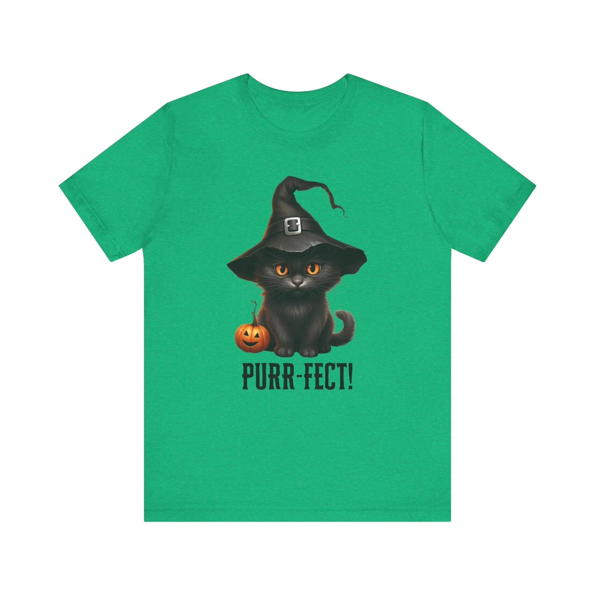 Halloween Purr-Fect Black Cat T-Shirt | Cat with Witch's Hat Tee |  Bella Canvas 3001Unisex | Funny Short Sleeve Tshirt
