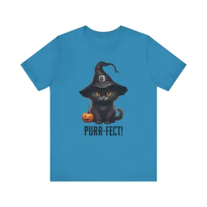 Halloween Purr-Fect Black Cat T-Shirt | Cat with Witch's Hat Tee |  Bella Canvas 3001Unisex | Funny Short Sleeve Tshirt