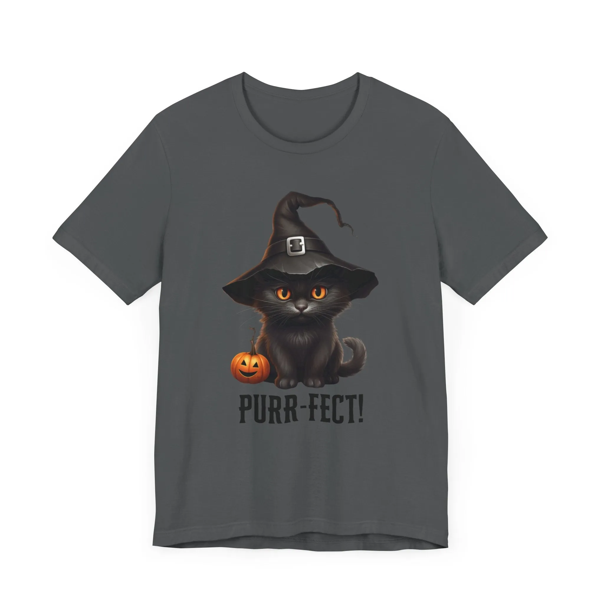 Halloween Purr-Fect Black Cat T-Shirt | Cat with Witch's Hat Tee |  Bella Canvas 3001Unisex | Funny Short Sleeve Tshirt