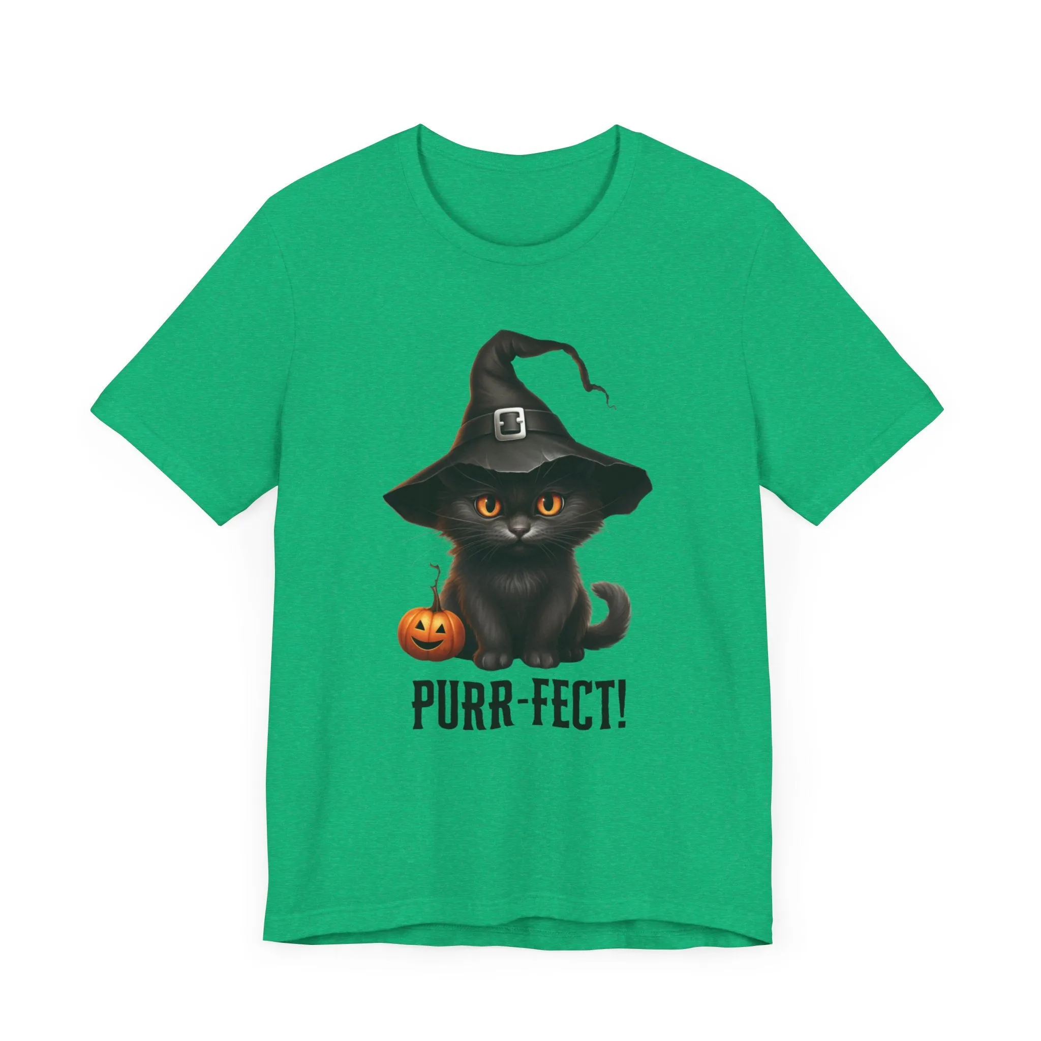 Halloween Purr-Fect Black Cat T-Shirt | Cat with Witch's Hat Tee |  Bella Canvas 3001Unisex | Funny Short Sleeve Tshirt