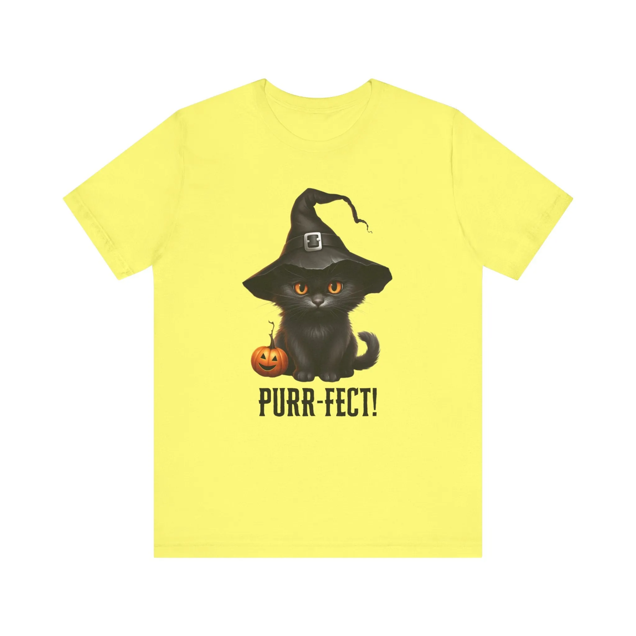 Halloween Purr-Fect Black Cat T-Shirt | Cat with Witch's Hat Tee |  Bella Canvas 3001Unisex | Funny Short Sleeve Tshirt