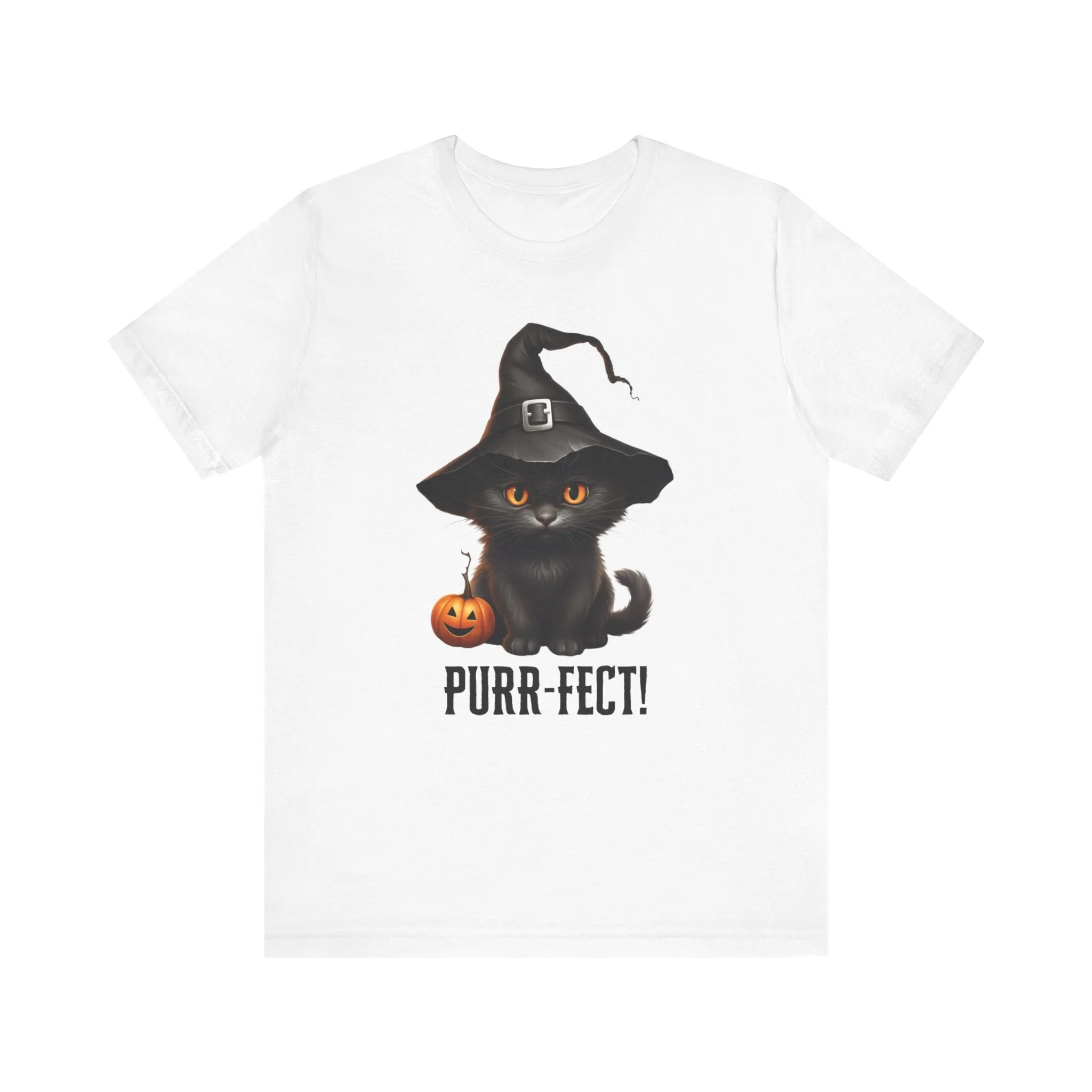 Halloween Purr-Fect Black Cat T-Shirt | Cat with Witch's Hat Tee |  Bella Canvas 3001Unisex | Funny Short Sleeve Tshirt