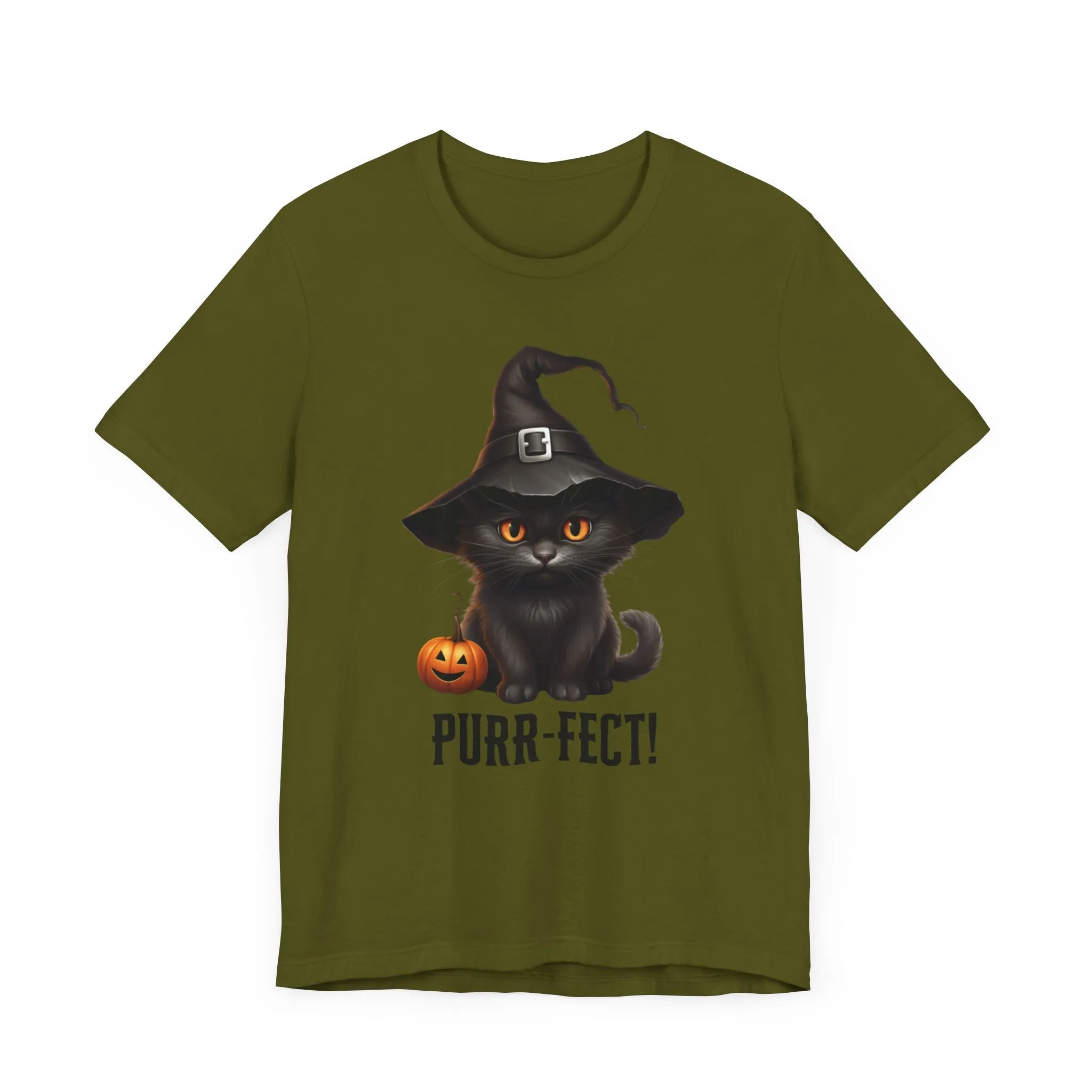 Halloween Purr-Fect Black Cat T-Shirt | Cat with Witch's Hat Tee |  Bella Canvas 3001Unisex | Funny Short Sleeve Tshirt