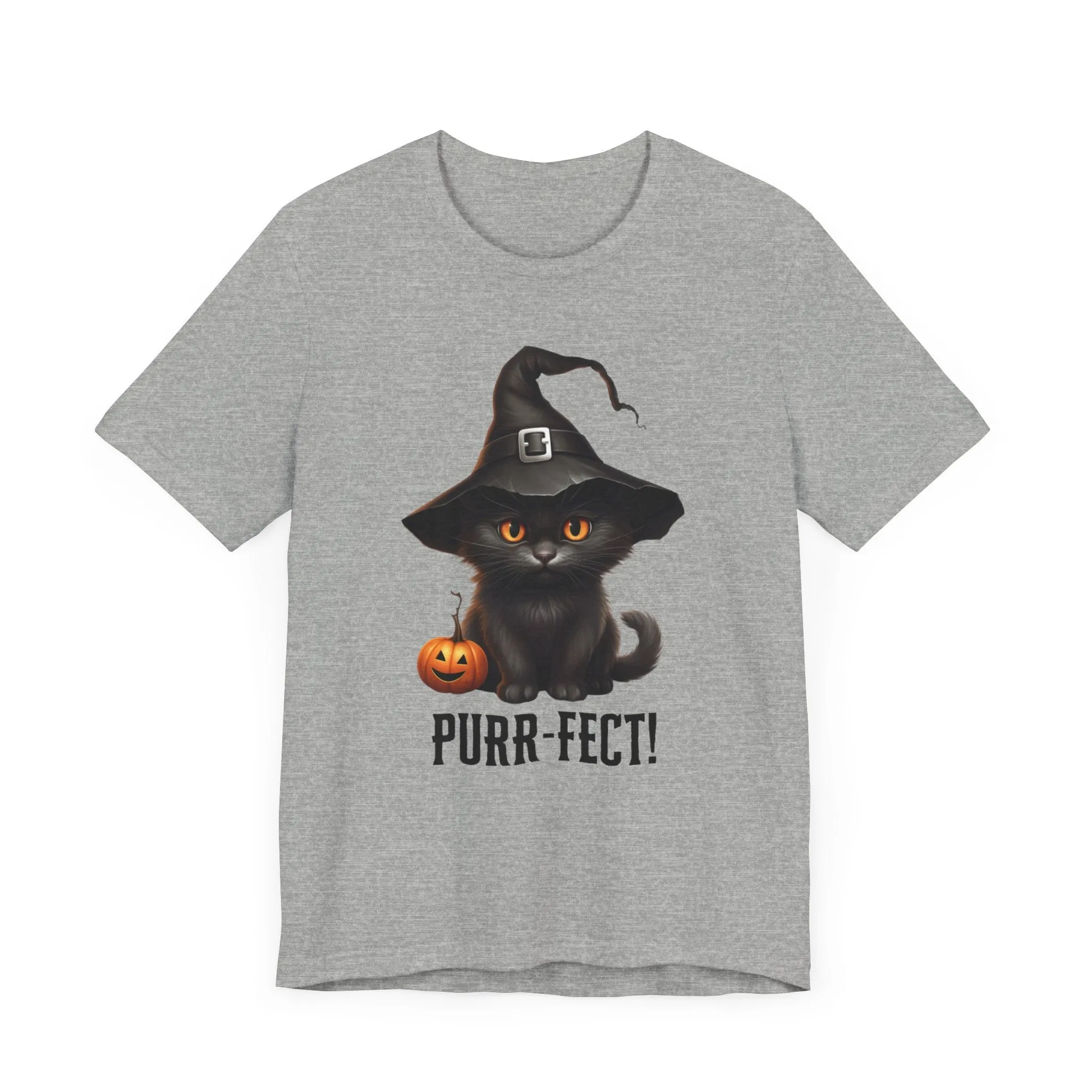 Halloween Purr-Fect Black Cat T-Shirt | Cat with Witch's Hat Tee |  Bella Canvas 3001Unisex | Funny Short Sleeve Tshirt