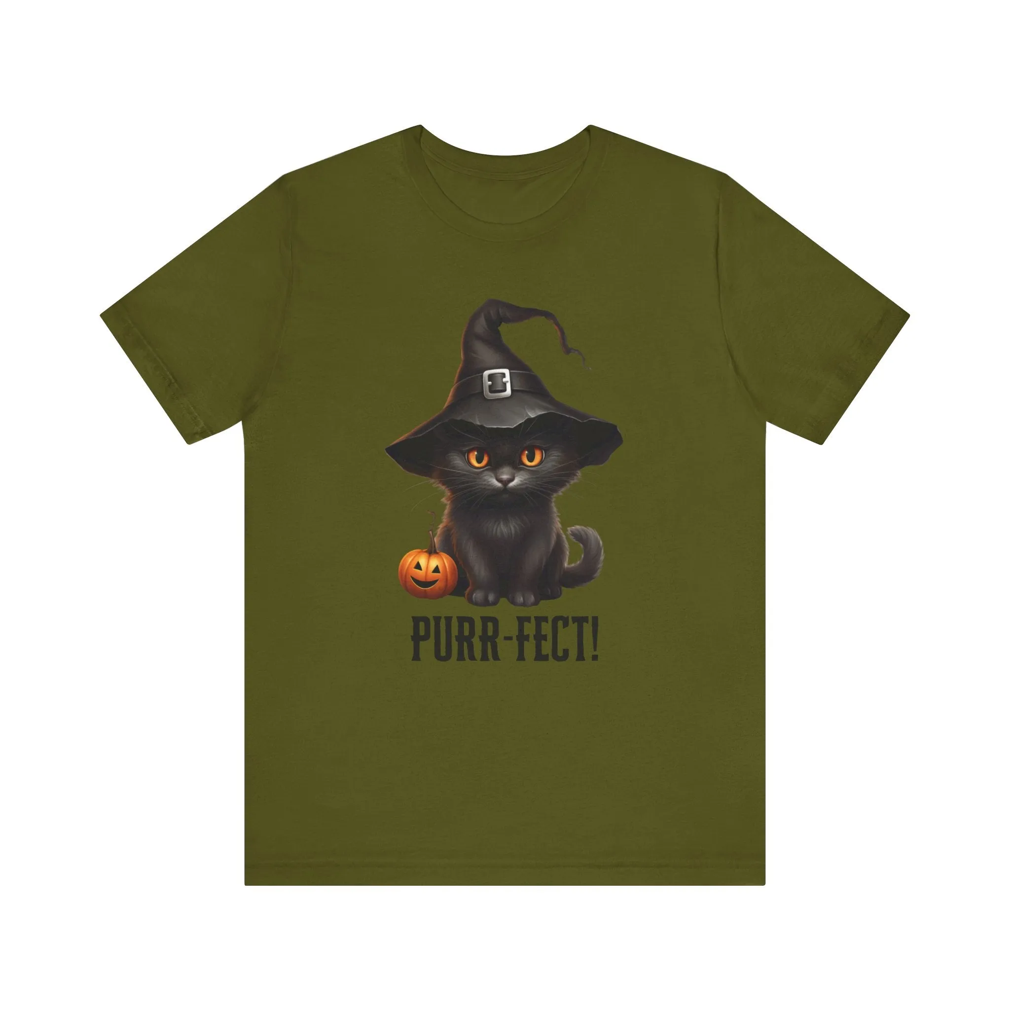 Halloween Purr-Fect Black Cat T-Shirt | Cat with Witch's Hat Tee |  Bella Canvas 3001Unisex | Funny Short Sleeve Tshirt