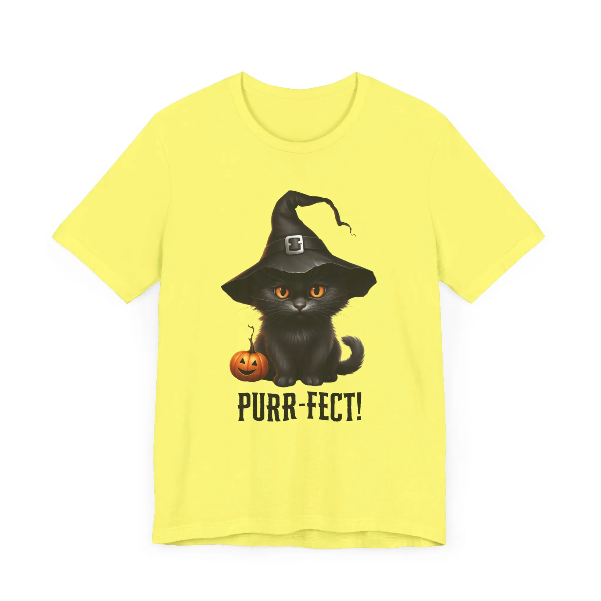 Halloween Purr-Fect Black Cat T-Shirt | Cat with Witch's Hat Tee |  Bella Canvas 3001Unisex | Funny Short Sleeve Tshirt