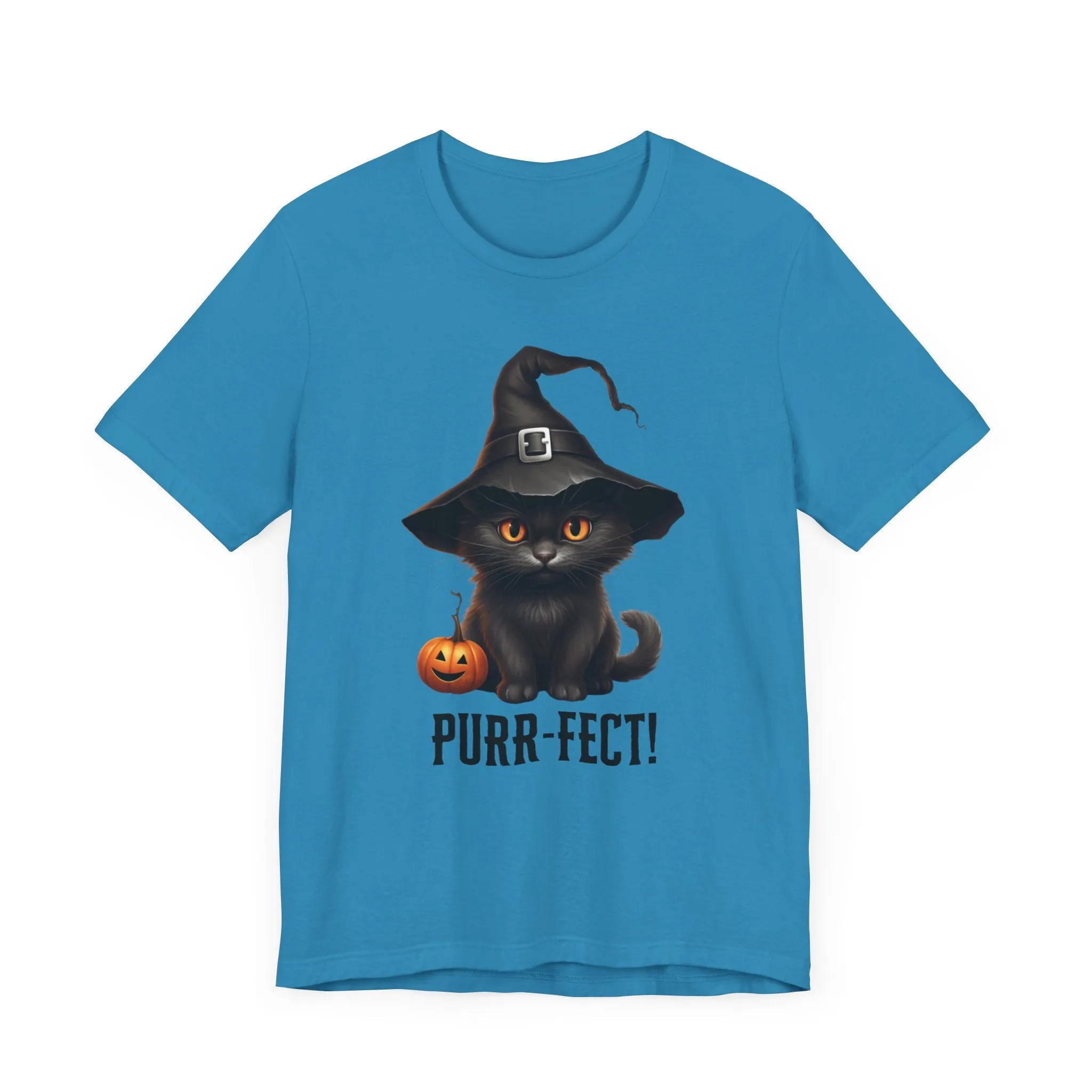 Halloween Purr-Fect Black Cat T-Shirt | Cat with Witch's Hat Tee |  Bella Canvas 3001Unisex | Funny Short Sleeve Tshirt