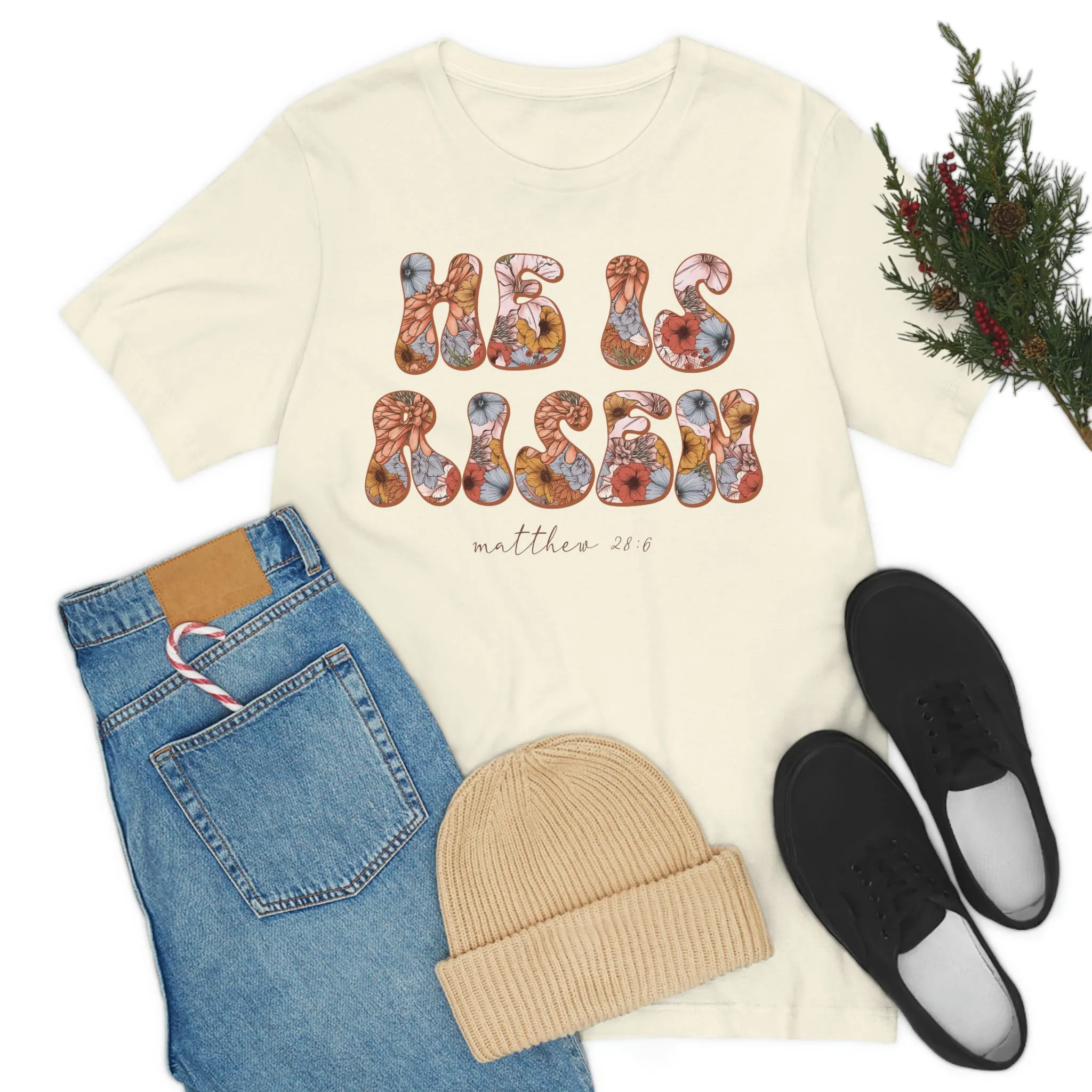 He is Risen Floral Font Unisex Jersey Short Sleeve Tee