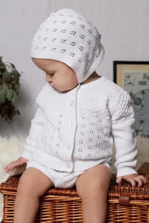 Knitted Cardi/Bonnet/Knickers Set, white