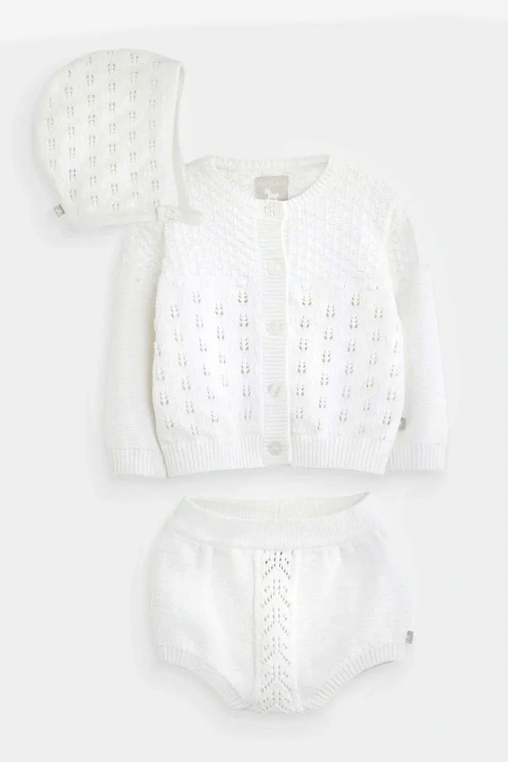 Knitted Cardi/Bonnet/Knickers Set, white
