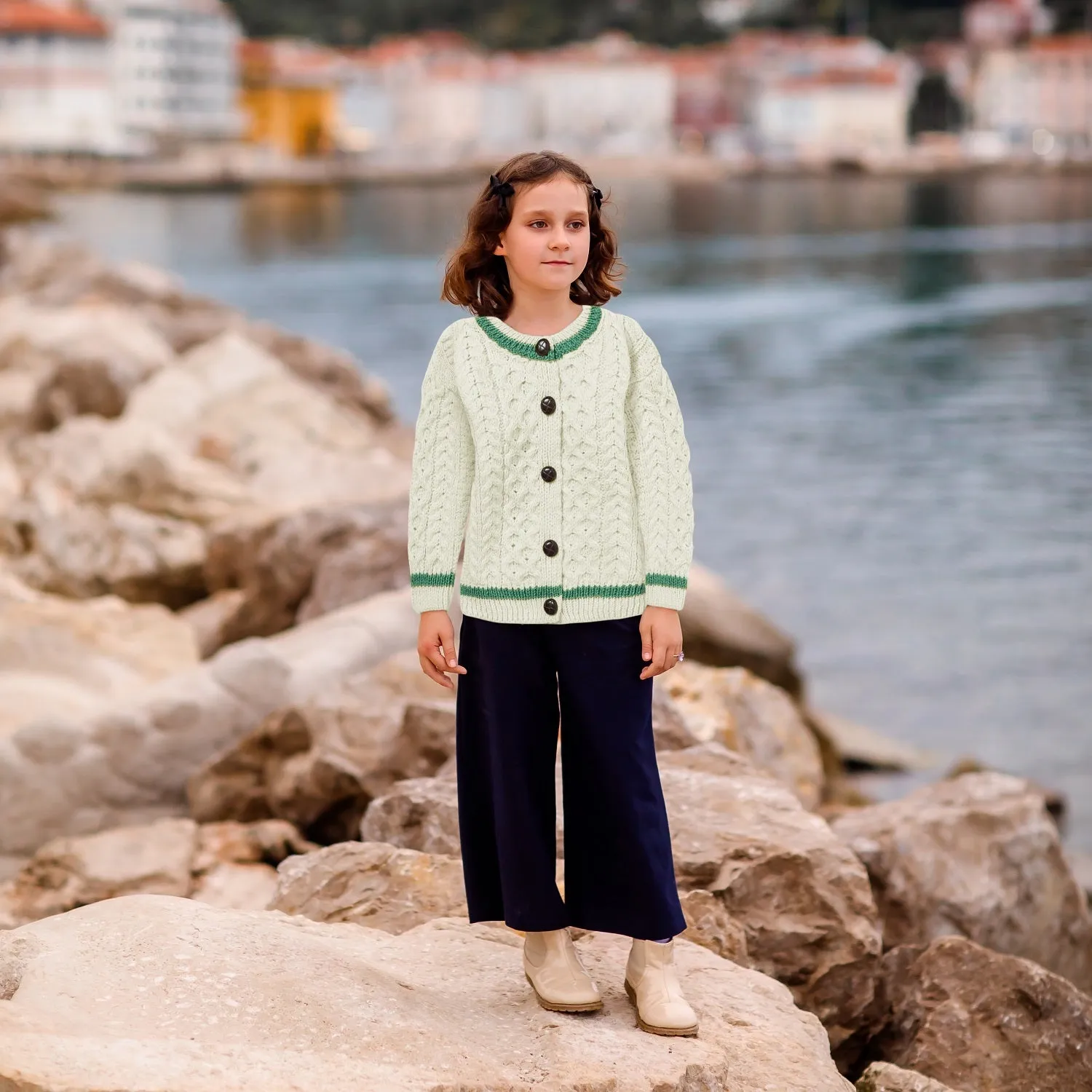 London Days Merino Children's Cardigan - Cream & Green