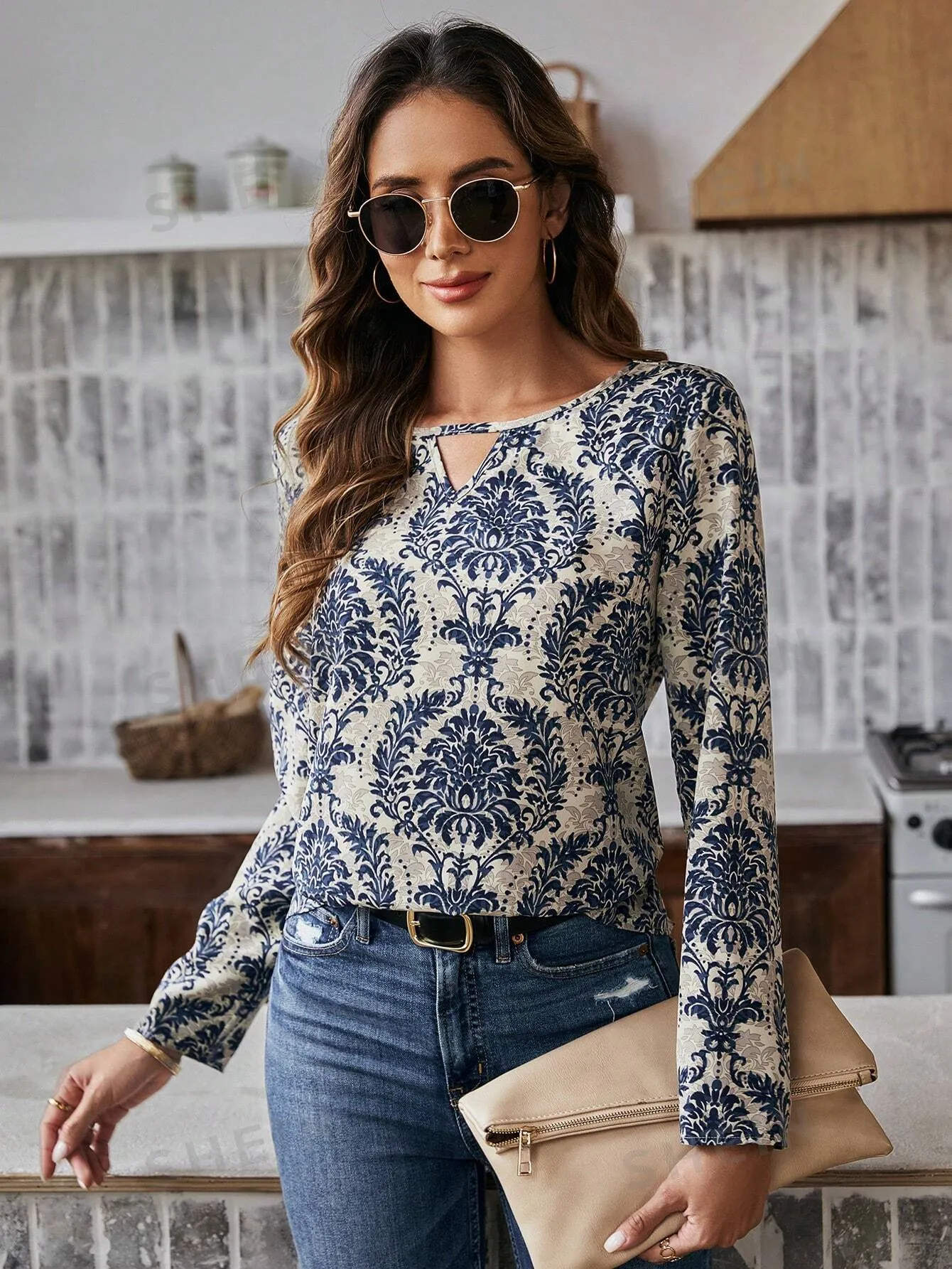 LUNE Women's Satin Printed 3/4 Sleeve Shirt