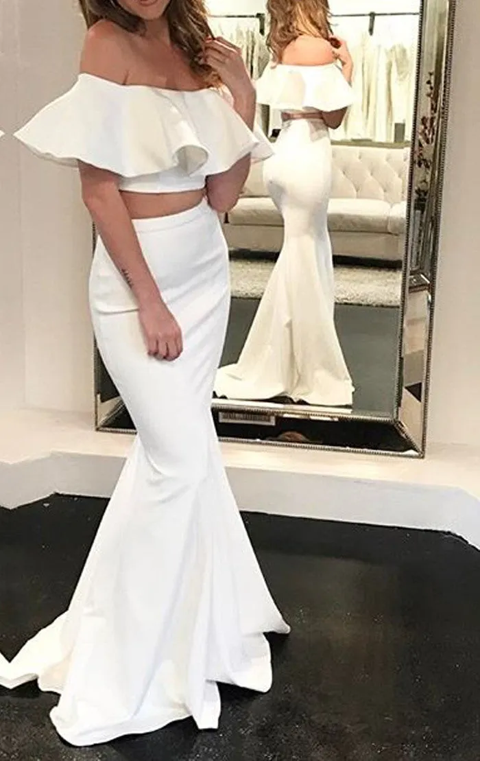 MACloth Mermaid Off Shoulder Two Piece Prom Dress Ivory Formal Evening Gown
