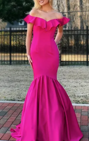 MACloth Mermaid Off the Shoulder Fuchsia Prom Dress Satin Formal Evening Gown