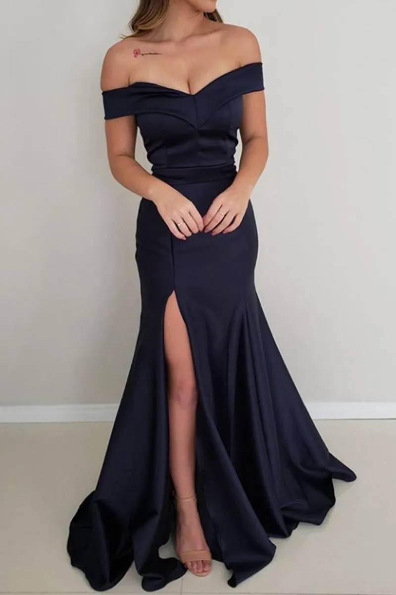 MACloth Mermaid Off the Shoulder Satin Prom Dress Red Formal Evening Gown