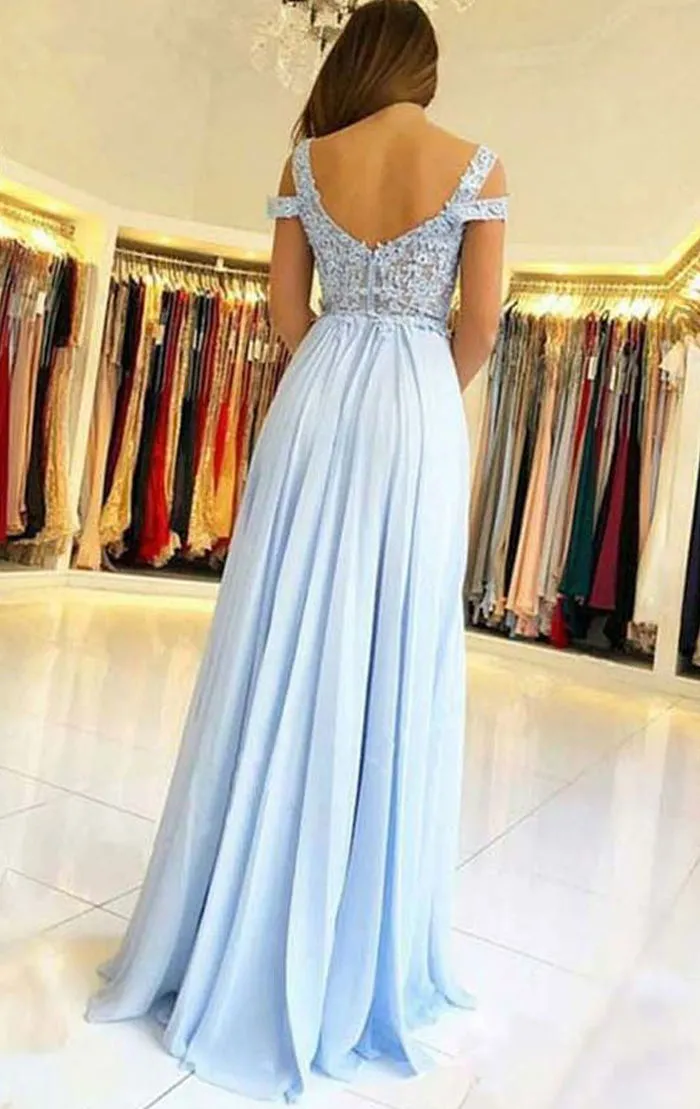 MACloth Off the Shoulder Lace Chiffon Long Prom Dress Sky Blue Formal Evening Gown