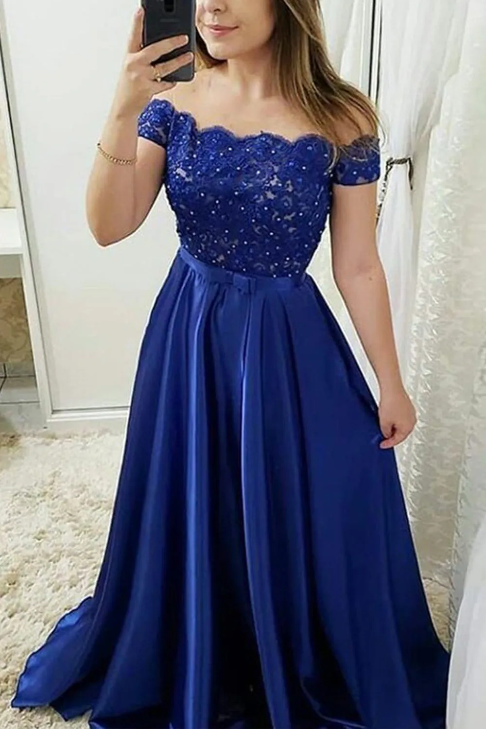 MACloth Off the Shoulder Lace Satin Burgundy Prom Dress Dusty Rose Formal Evening Gown