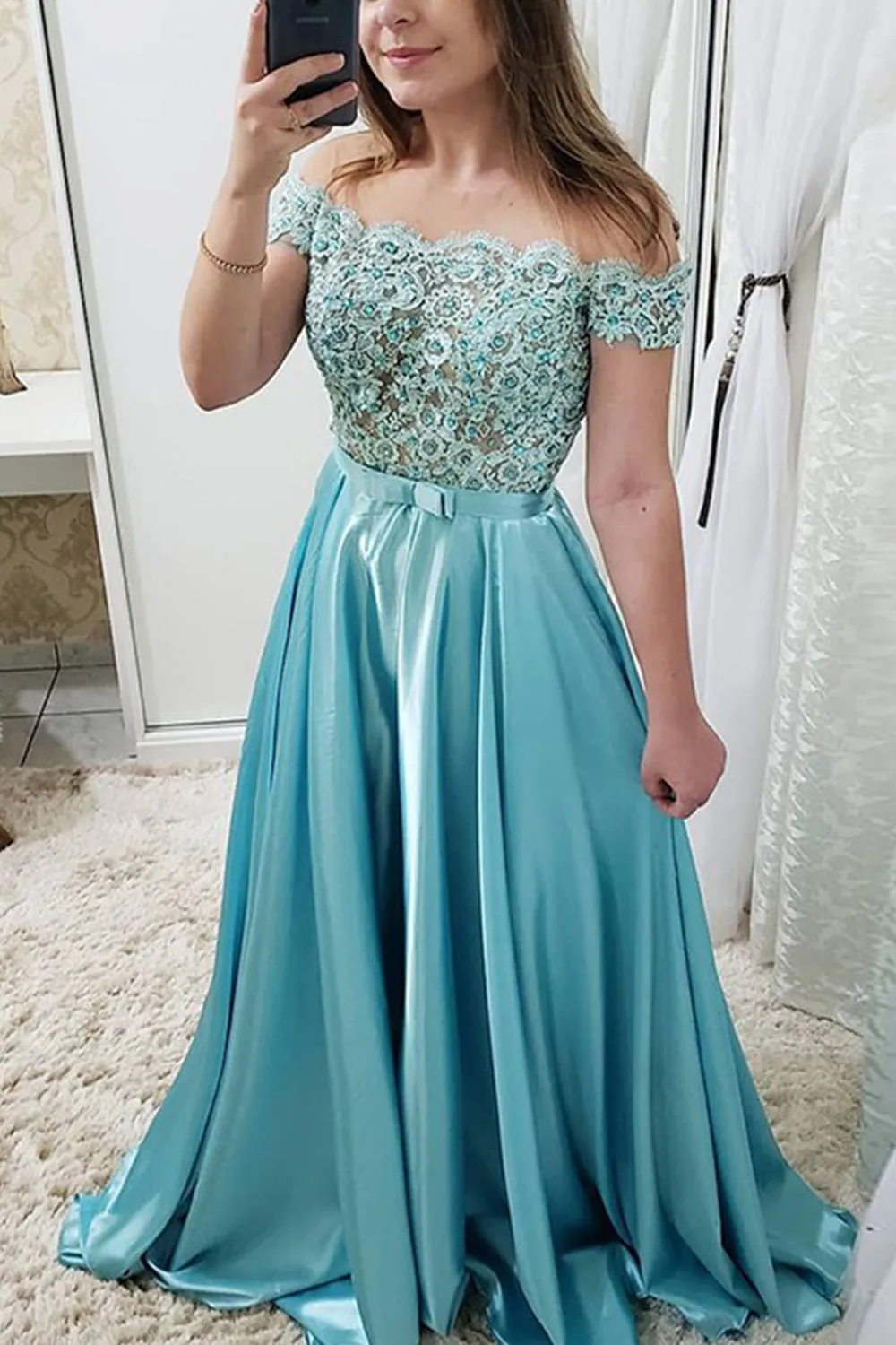 MACloth Off the Shoulder Lace Satin Burgundy Prom Dress Dusty Rose Formal Evening Gown