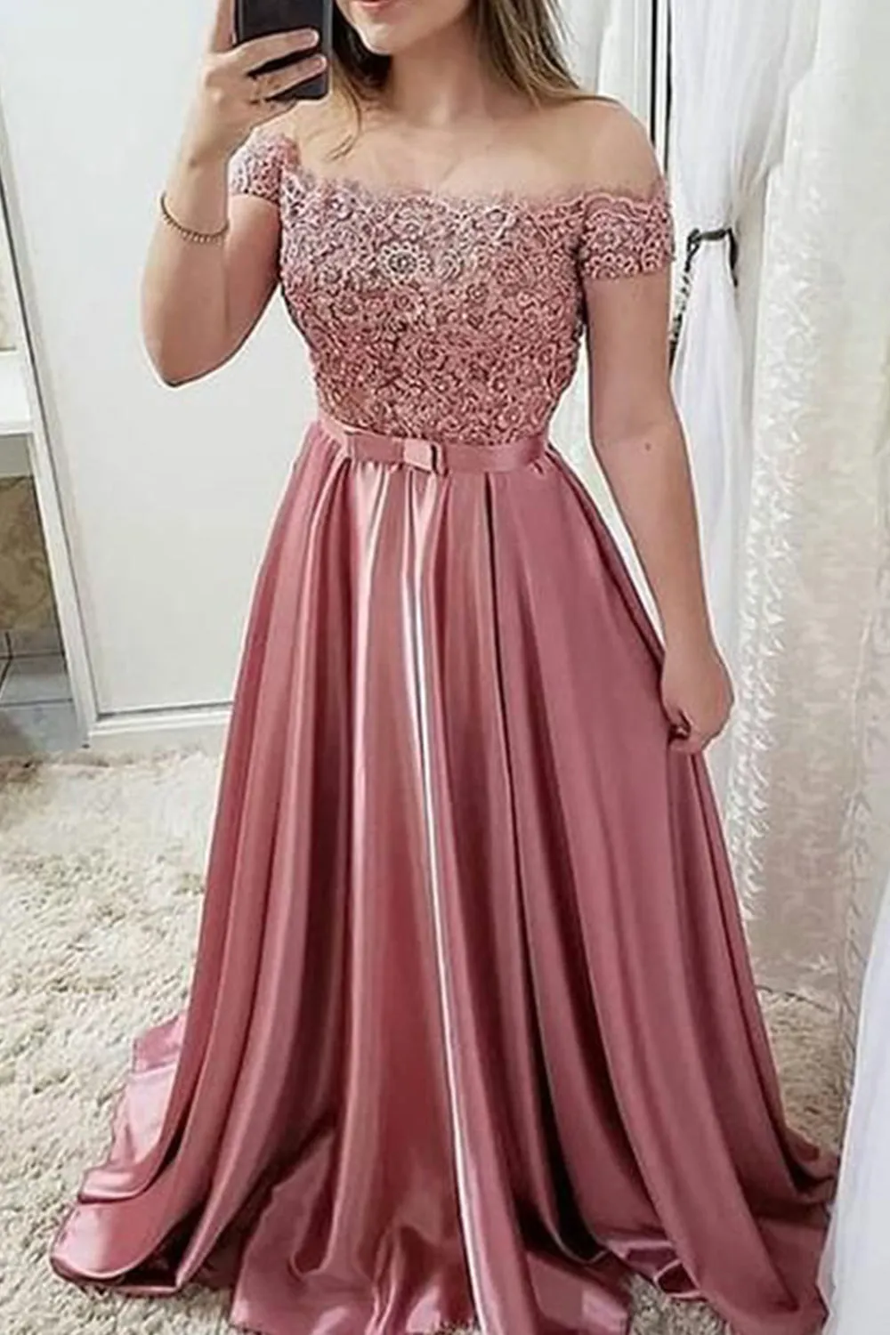 MACloth Off the Shoulder Lace Satin Burgundy Prom Dress Dusty Rose Formal Evening Gown