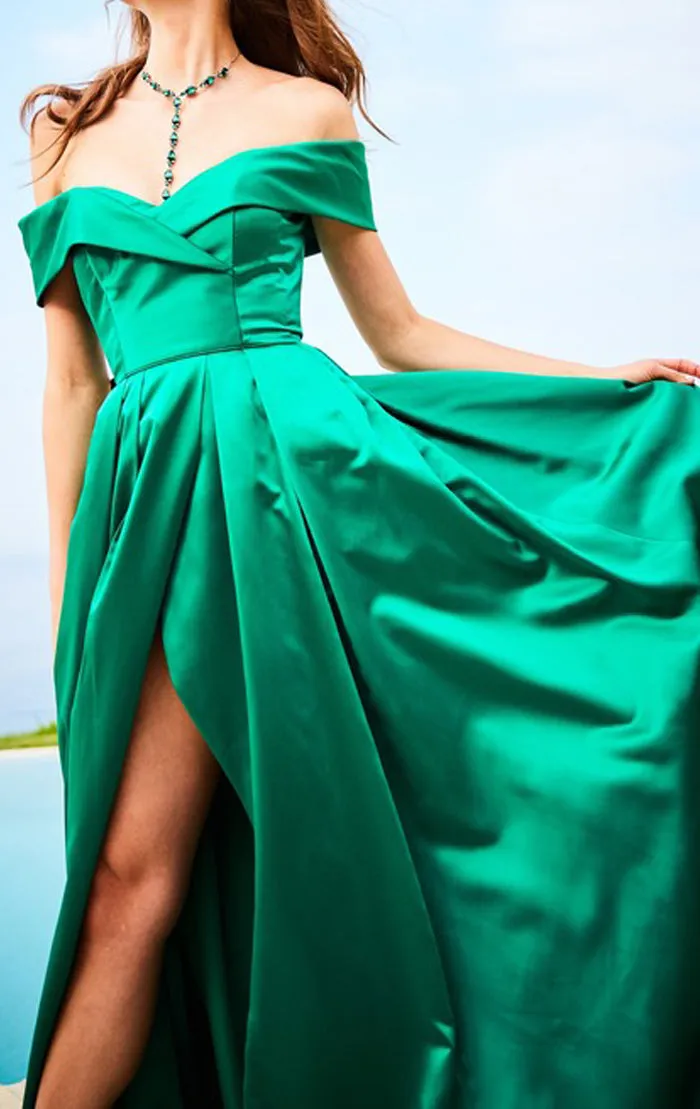 MACloth Off the Shoulder Long Prom Dress Green Formal Evening Gown