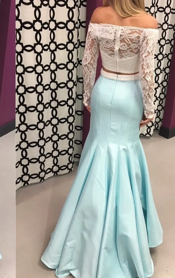 MACloth Off the Shoulder Long Sleeves 2 Piece Prom Dress Sky Blue Formal Evening Gown