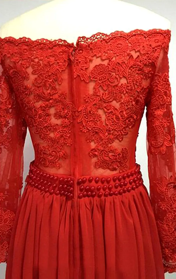 MACloth Off the Shoulder Long Sleeves Lace Chiffon Long Prom Dress Red Formal Evening Gown