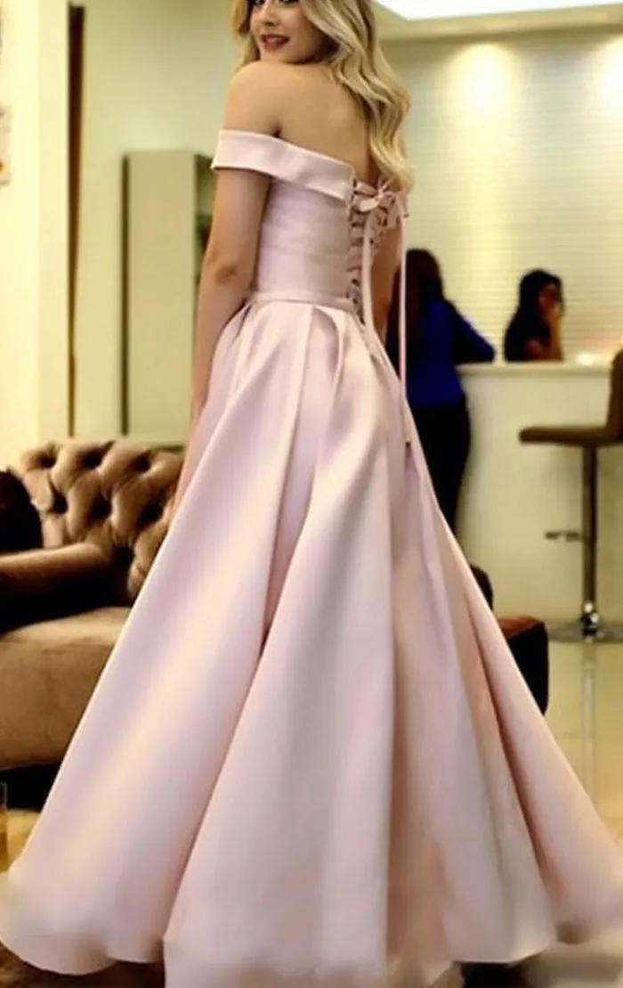 MACloth Off the Shoulder Satin Long Prom Dress Blush Pink Formal Evening Gown