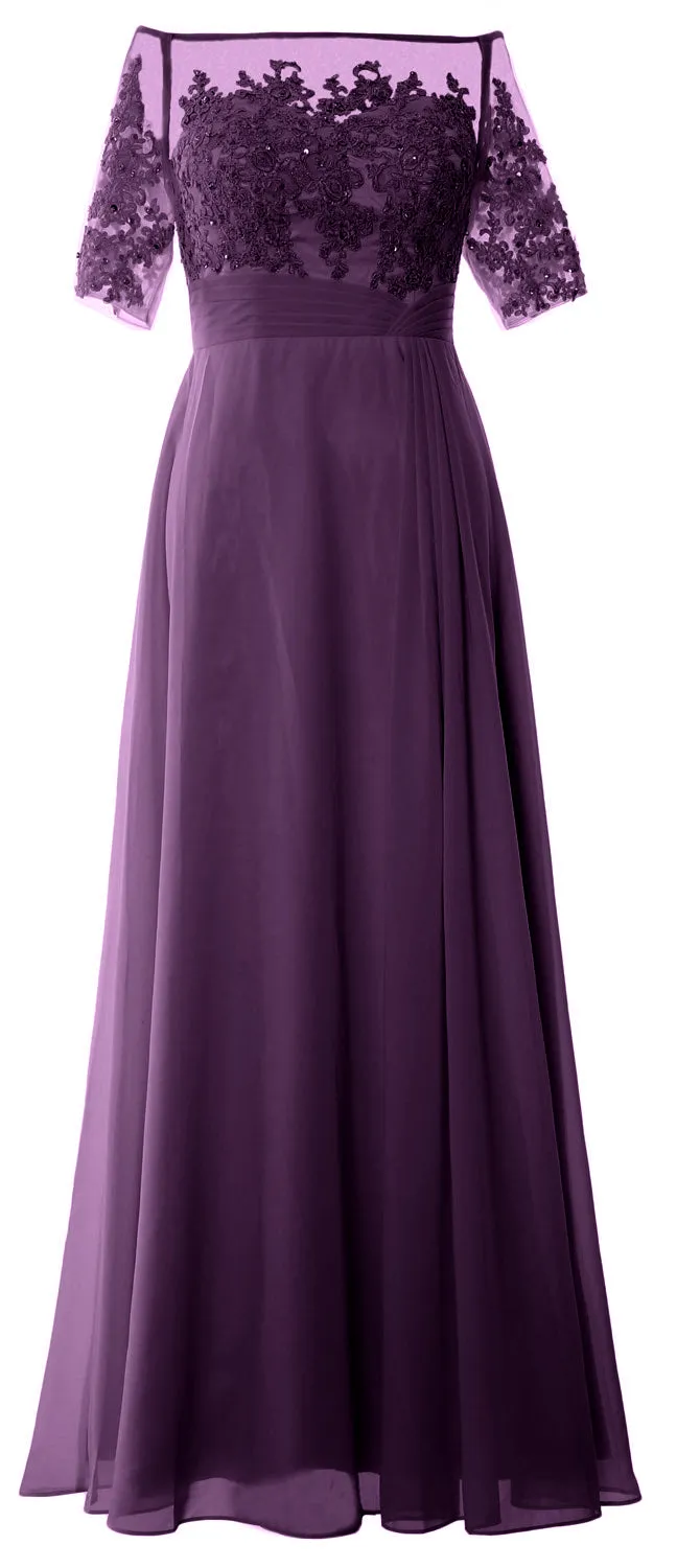 MACloth Women Off Shoulder Mother of Bride Dress Short Sleeve Lace Formal Gown