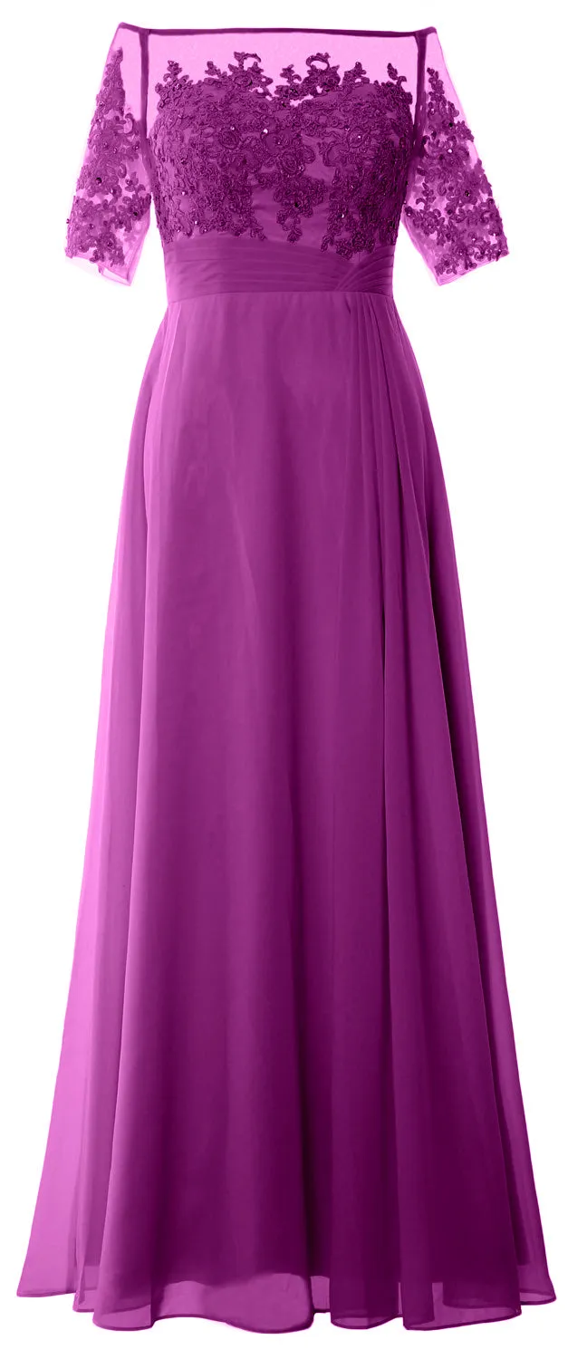 MACloth Women Off Shoulder Mother of Bride Dress Short Sleeve Lace Formal Gown