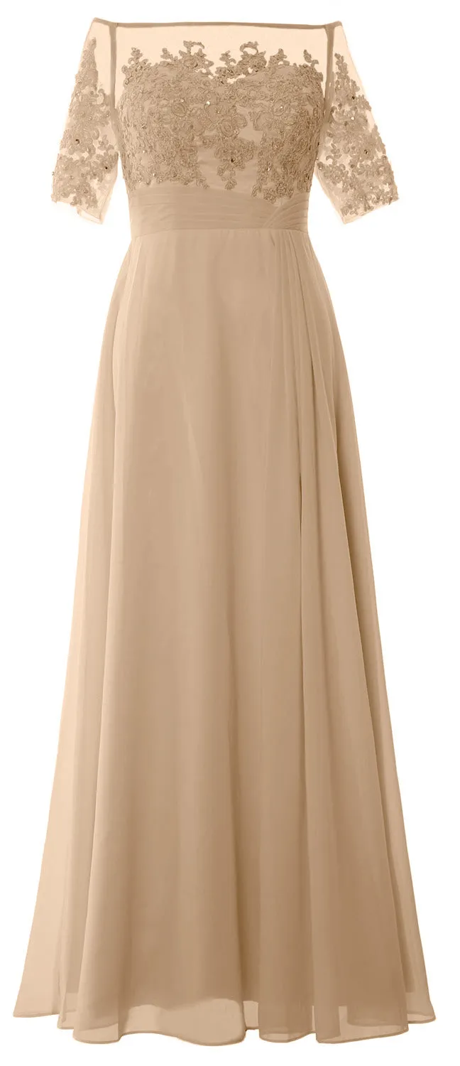 MACloth Women Off Shoulder Mother of Bride Dress Short Sleeve Lace Formal Gown