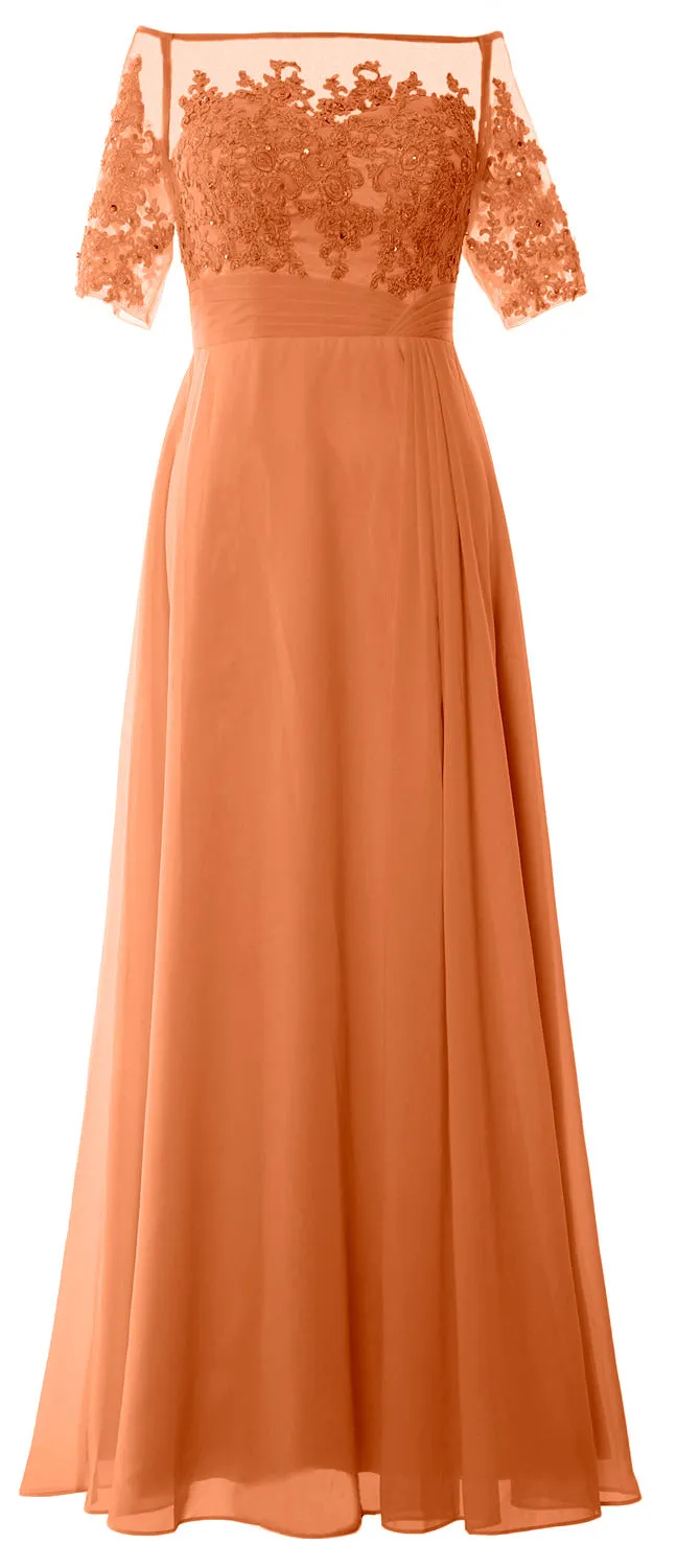 MACloth Women Off Shoulder Mother of Bride Dress Short Sleeve Lace Formal Gown