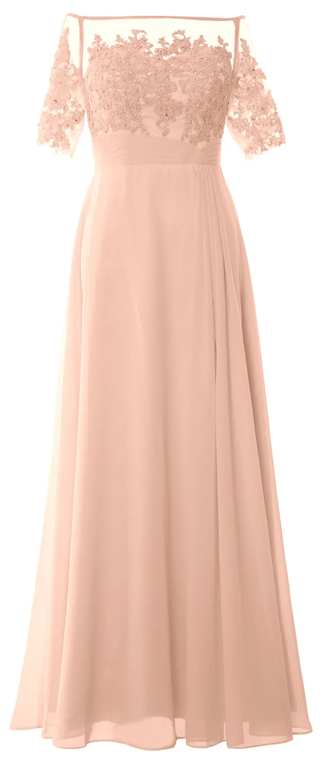 MACloth Women Off Shoulder Mother of Bride Dress Short Sleeve Lace Formal Gown