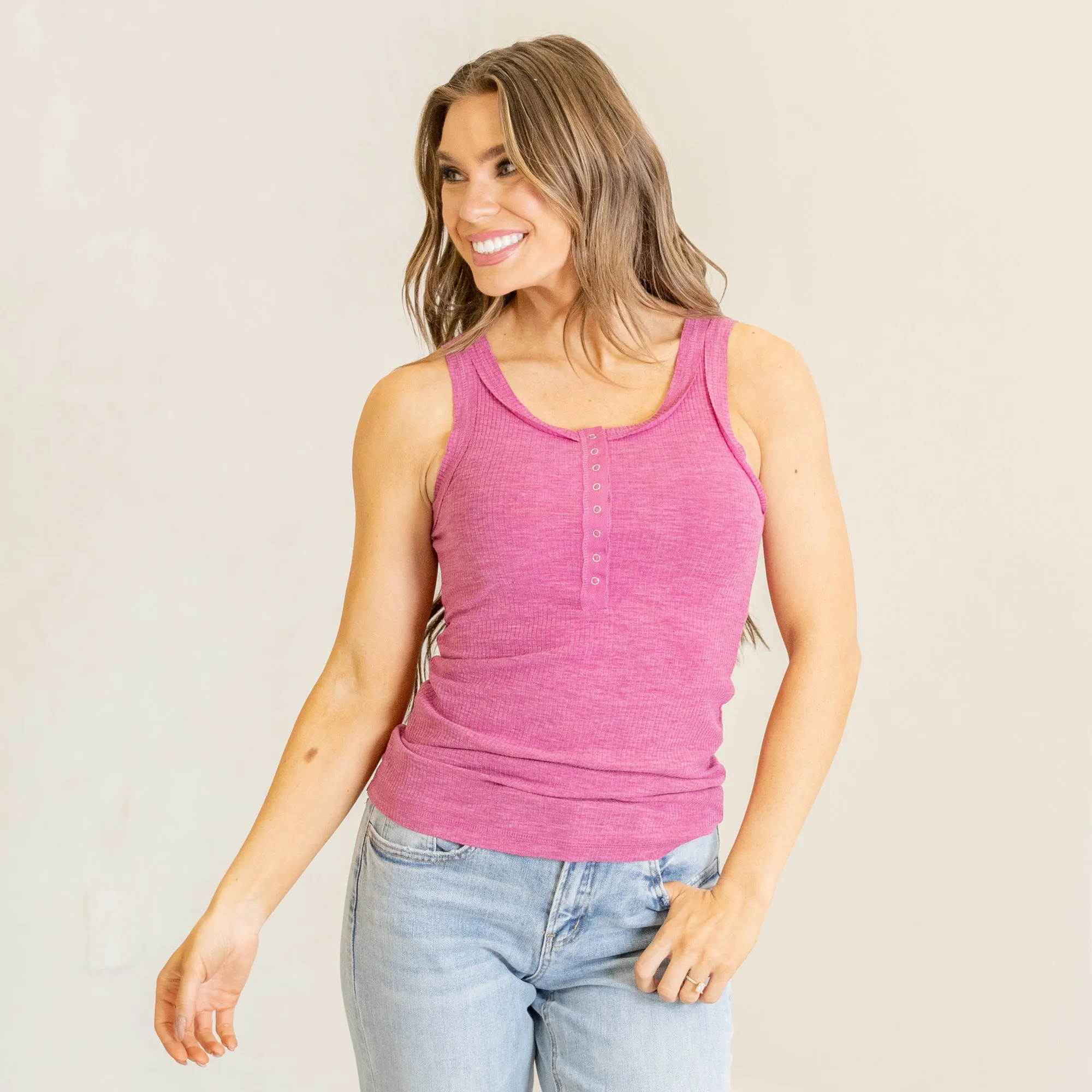 Melange ribbed button closure scoop neck top