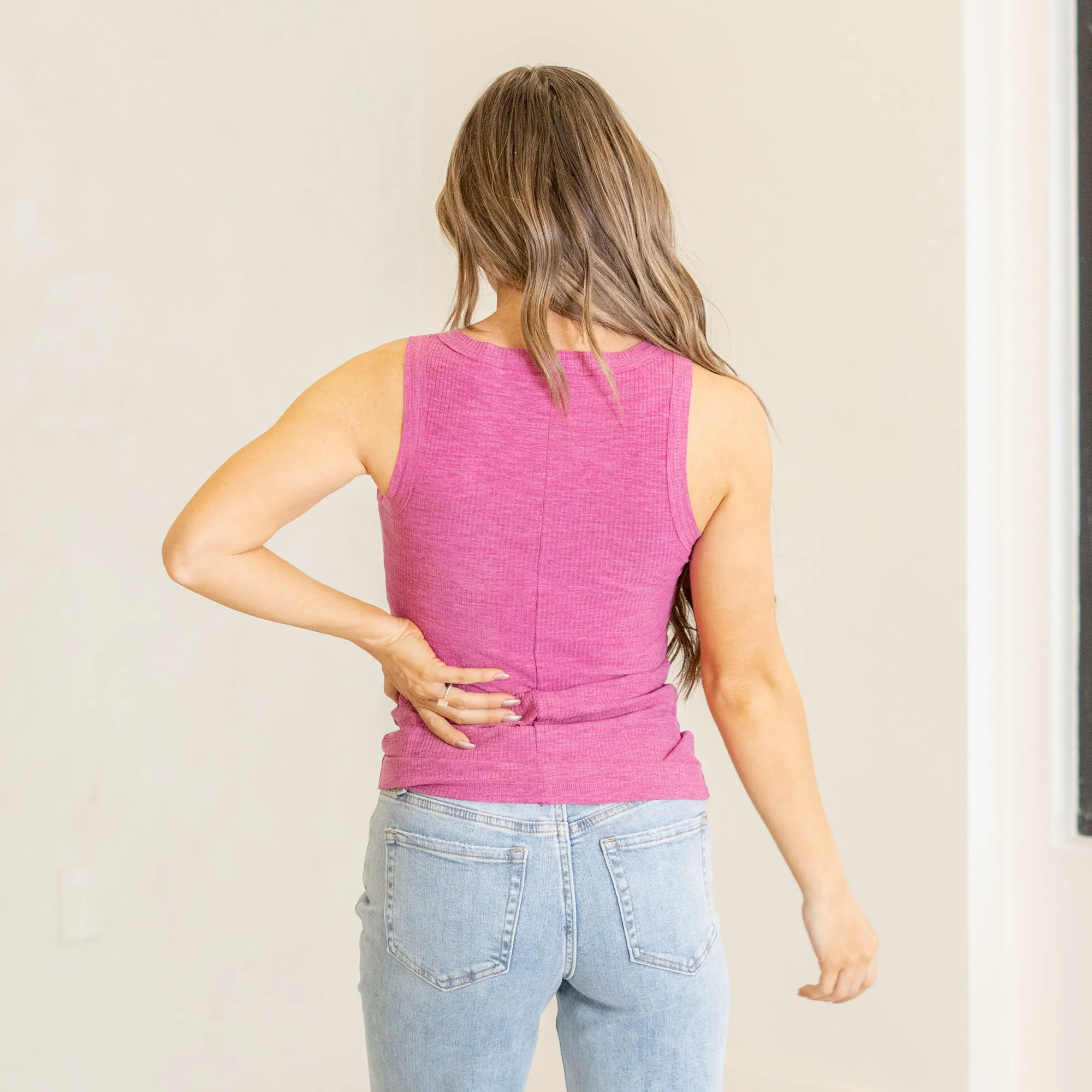 Melange ribbed button closure scoop neck top