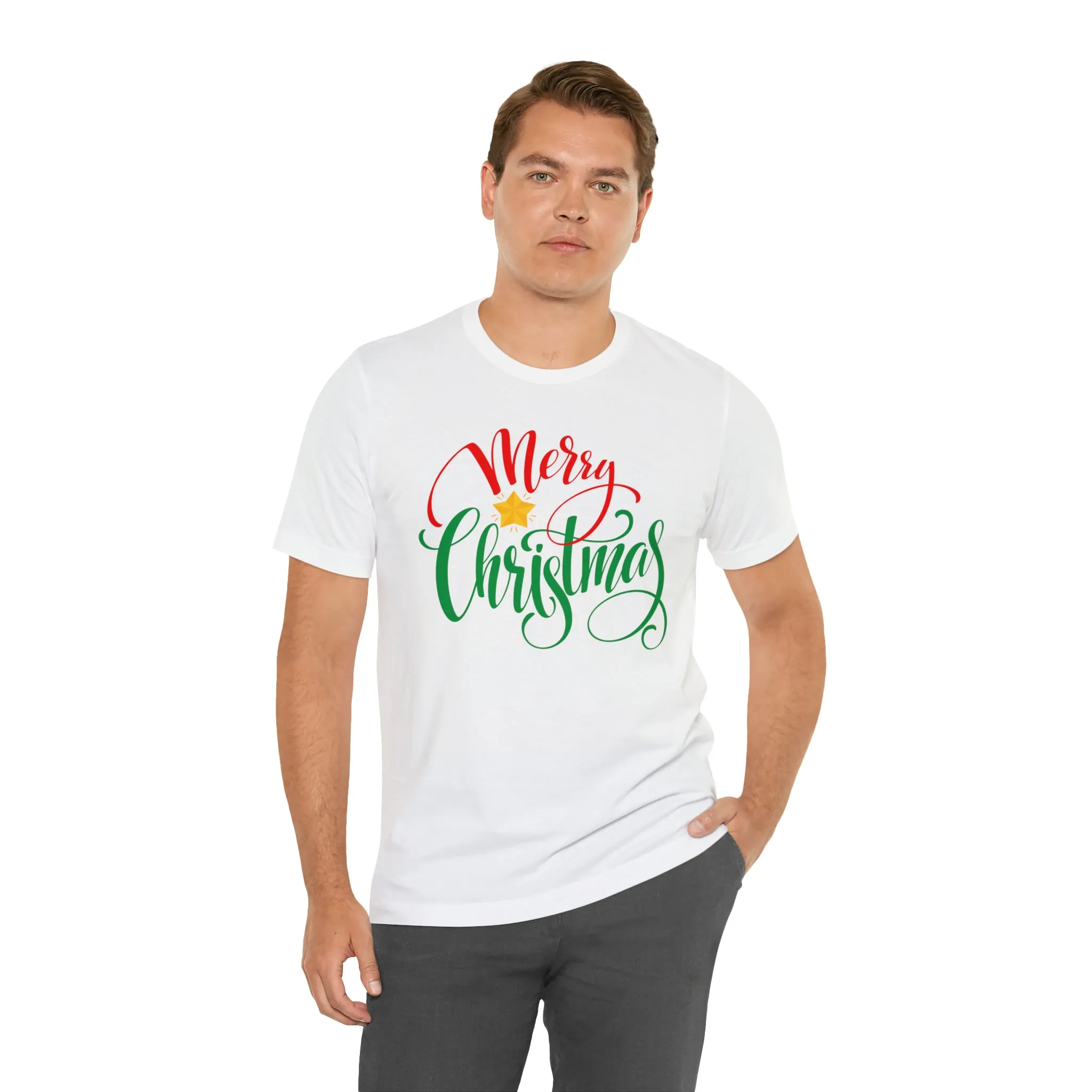 Merry Christmas Star T-Shirt | Festive XMas Tee |  Bella Canvas 3001 Unisex | Happy Holidays Short Sleeve Tshirt