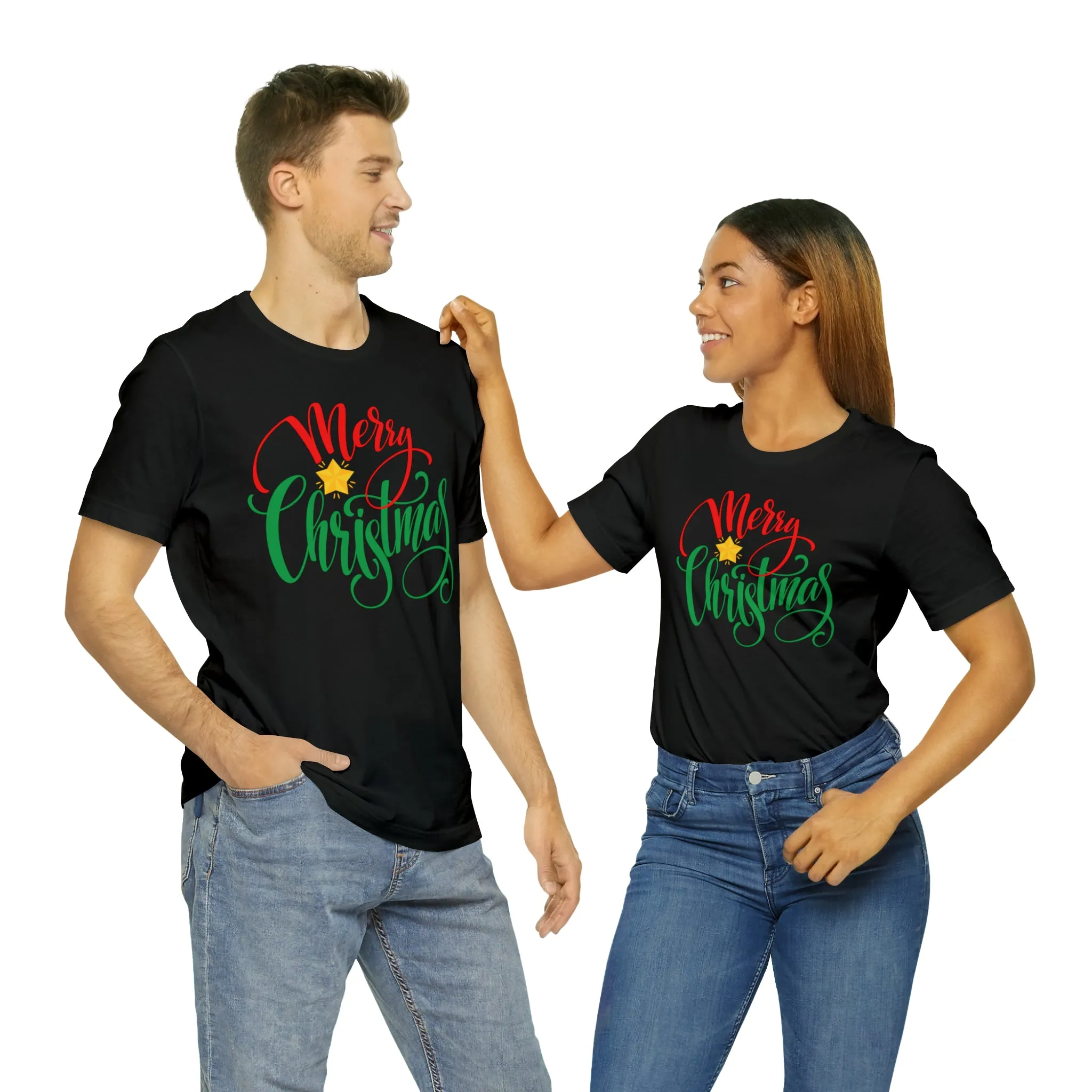Merry Christmas Star T-Shirt | Festive XMas Tee |  Bella Canvas 3001 Unisex | Happy Holidays Short Sleeve Tshirt