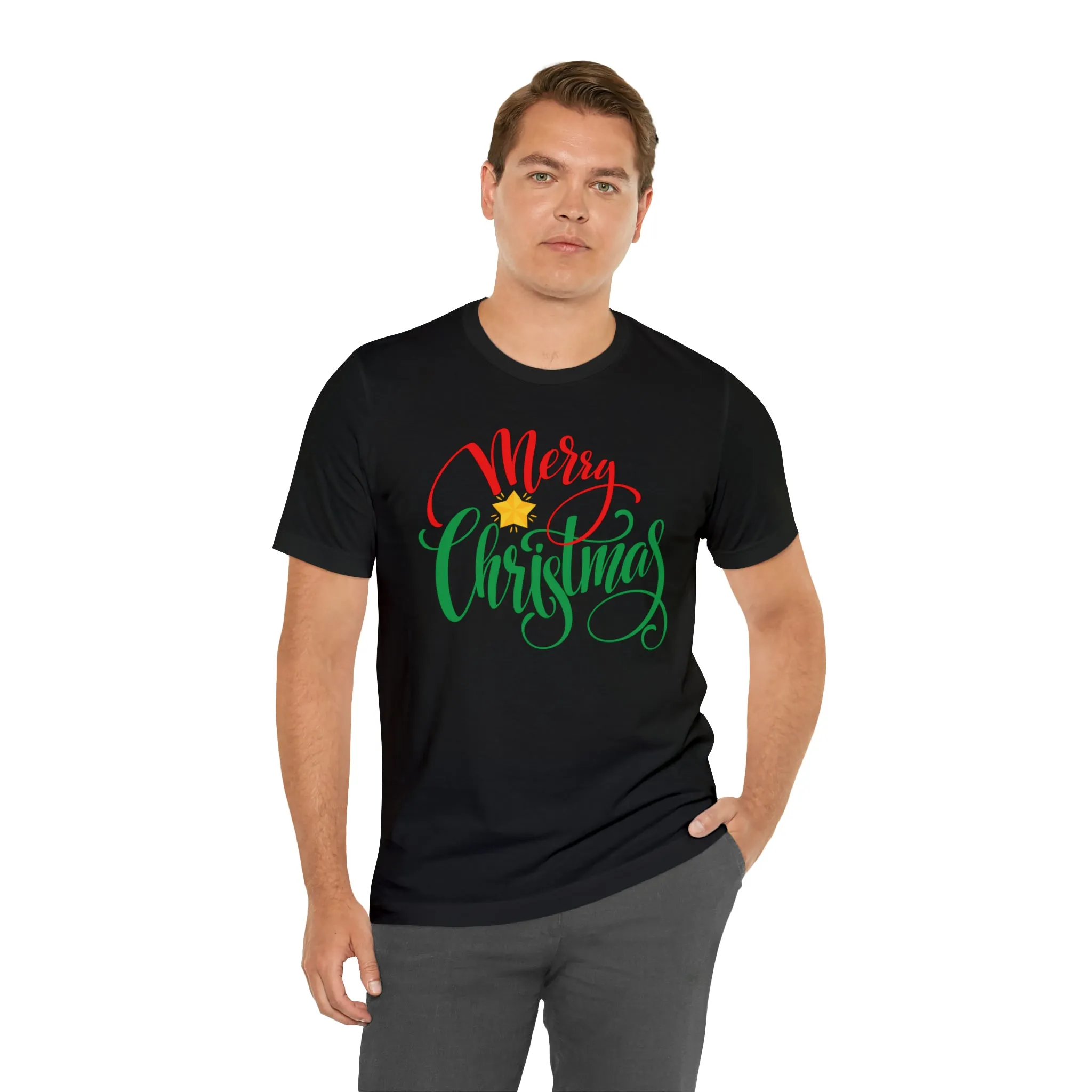 Merry Christmas Star T-Shirt | Festive XMas Tee |  Bella Canvas 3001 Unisex | Happy Holidays Short Sleeve Tshirt