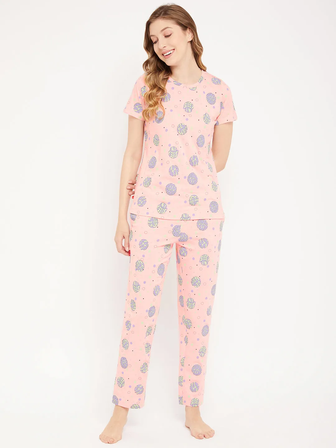 mSECRET Peach Printed Cotton  Nightsuit