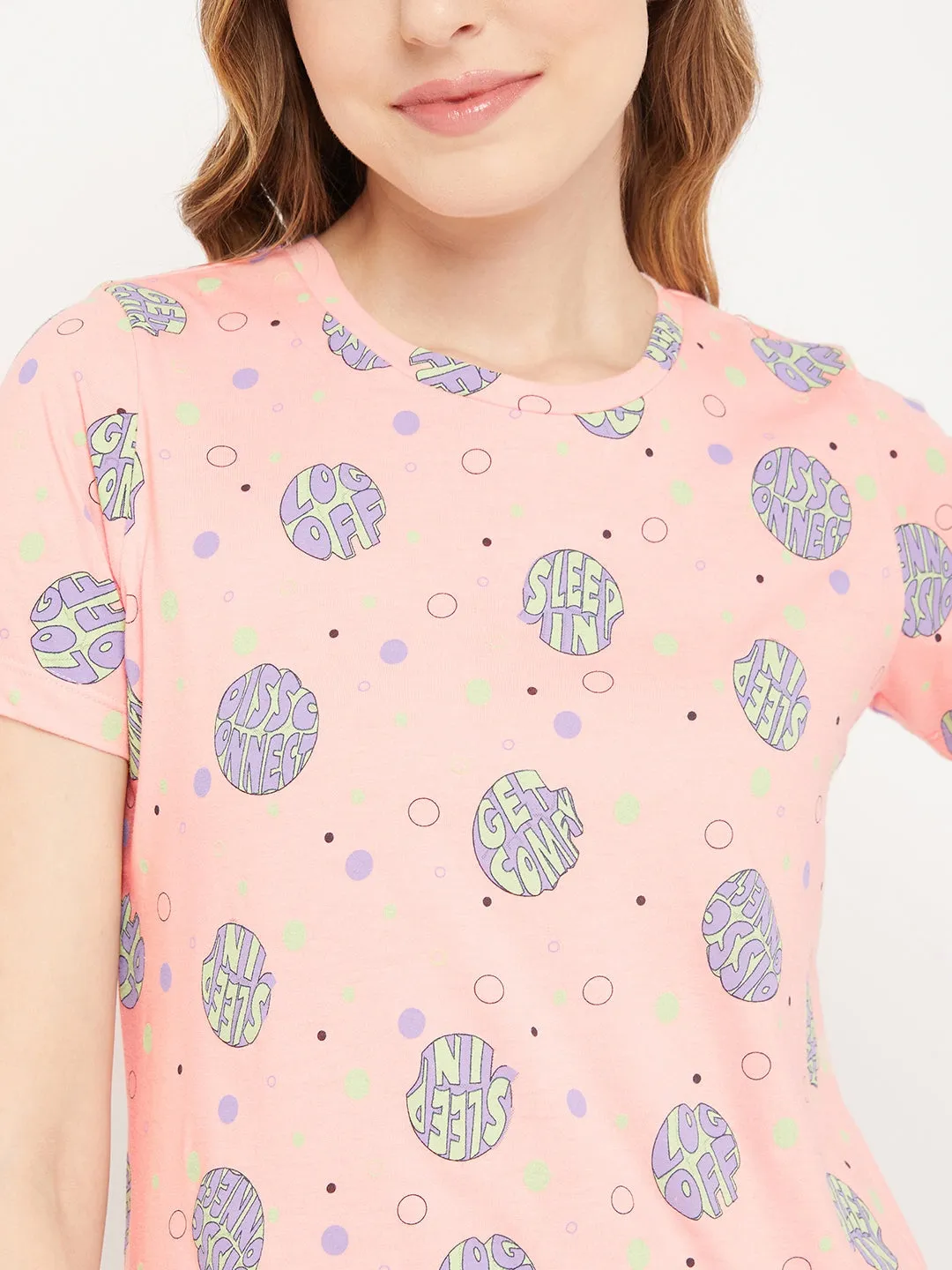 mSECRET Peach Printed Cotton  Nightsuit