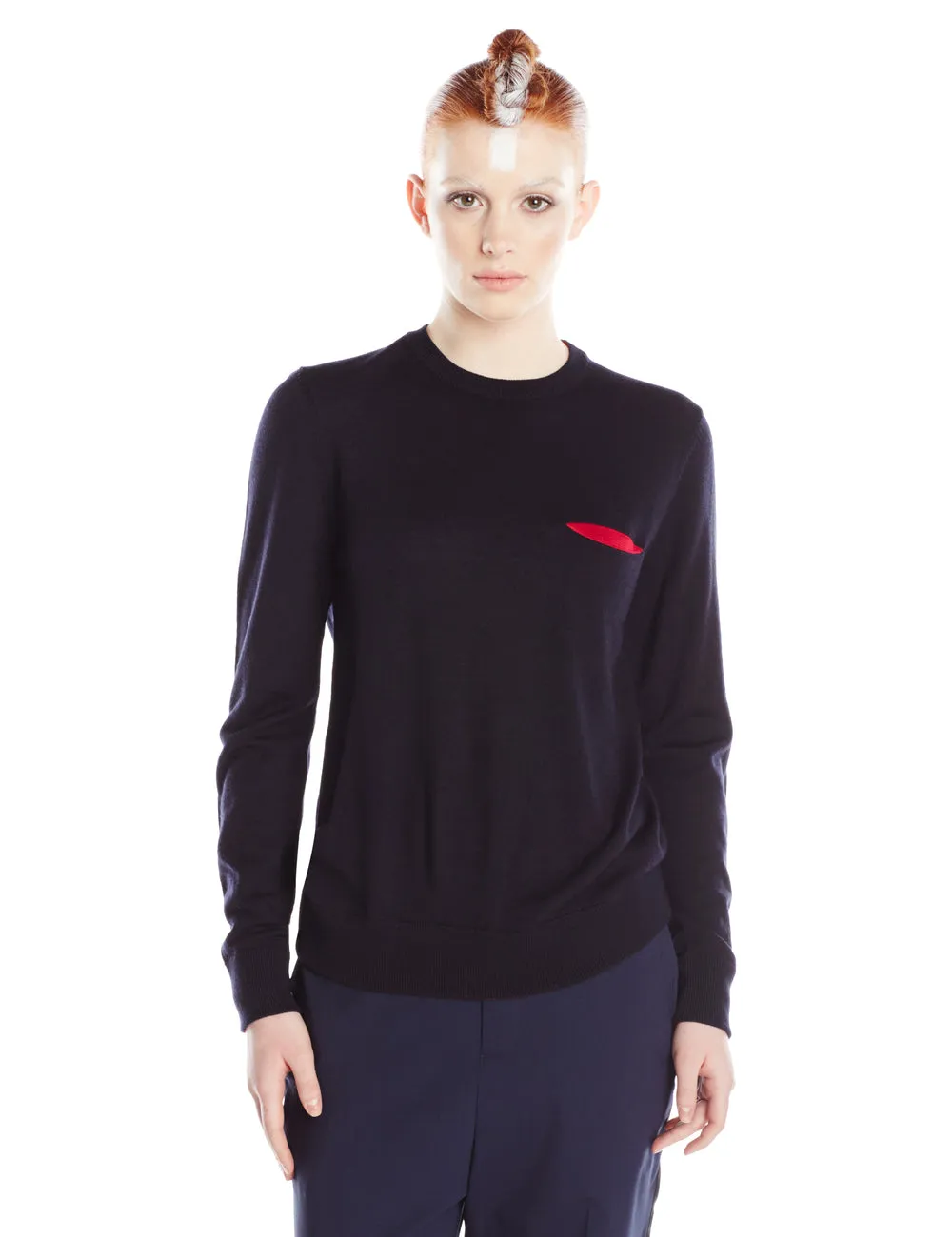 Navy and Magenta Knitted Crew Neck Sweater