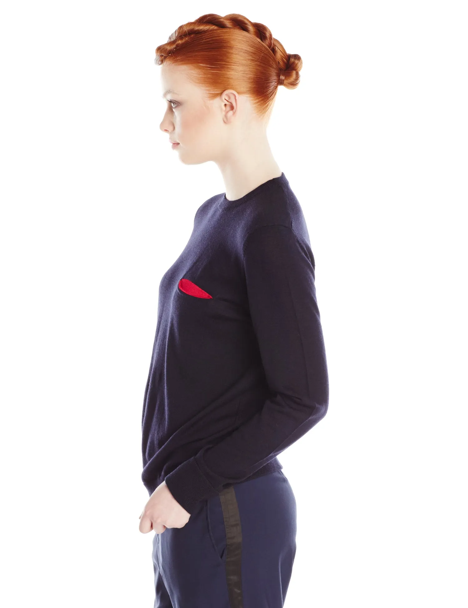 Navy and Magenta Knitted Crew Neck Sweater
